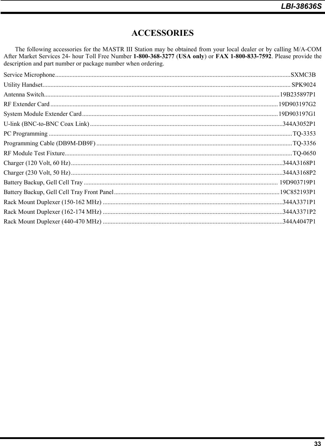 LBI-38636S33ACCESSORIESThe following accessories for the MASTR III Station may be obtained from your local dealer or by calling M/A-COMAfter Market Services 24- hour Toll Free Number 1-800-368-3277 (USA only) or FAX 1-800-833-7592. Please provide thedescription and part number or package number when ordering.Service Microphone....................................................................................................................................................SXMC3BUtility Handset............................................................................................................................................................ SPK9024Antenna Switch....................................................................................................................................................19B235897P1RF Extender Card ............................................................................................................................................... 19D903197G2System Module Extender Card...........................................................................................................................19D903197G1U-link (BNC-to-BNC Coax Link) .........................................................................................................................344A3052P1PC Programming .........................................................................................................................................................TQ-3353Programming Cable (DB9M-DB9F) ...........................................................................................................................TQ-3356RF Module Test Fixture...............................................................................................................................................TQ-0650Charger (120 Volt, 60 Hz) .....................................................................................................................................344A3168P1Charger (230 Volt, 50 Hz) .....................................................................................................................................344A3168P2Battery Backup, Gell Cell Tray .......................................................................................................................... 19D903719P1Battery Backup, Gell Cell Tray Front Panel........................................................................................................19C852193P1Rack Mount Duplexer (150-162 MHz) .................................................................................................................344A3371P1Rack Mount Duplexer (162-174 MHz) .................................................................................................................344A3371P2Rack Mount Duplexer (440-470 MHz) .................................................................................................................344A4047P1