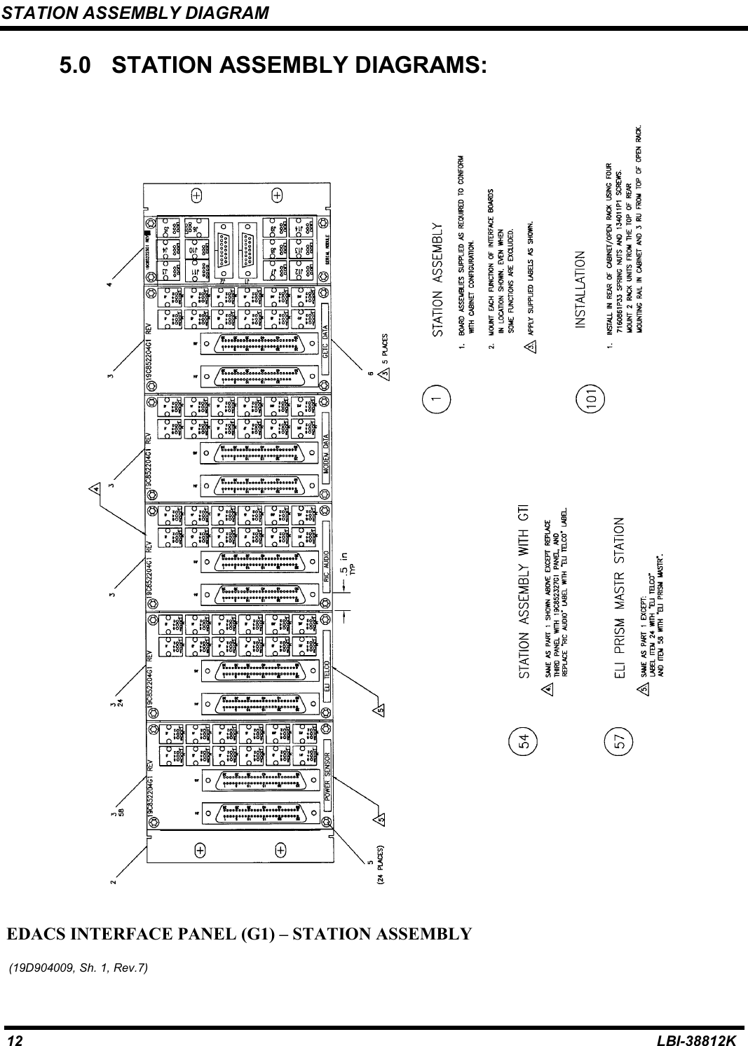 STATION ASSEMBLY DIAGRAM12 LBI-38812K5.0  STATION ASSEMBLY DIAGRAMS:EDACS INTERFACE PANEL (G1) – STATION ASSEMBLY (19D904009, Sh. 1, Rev.7)