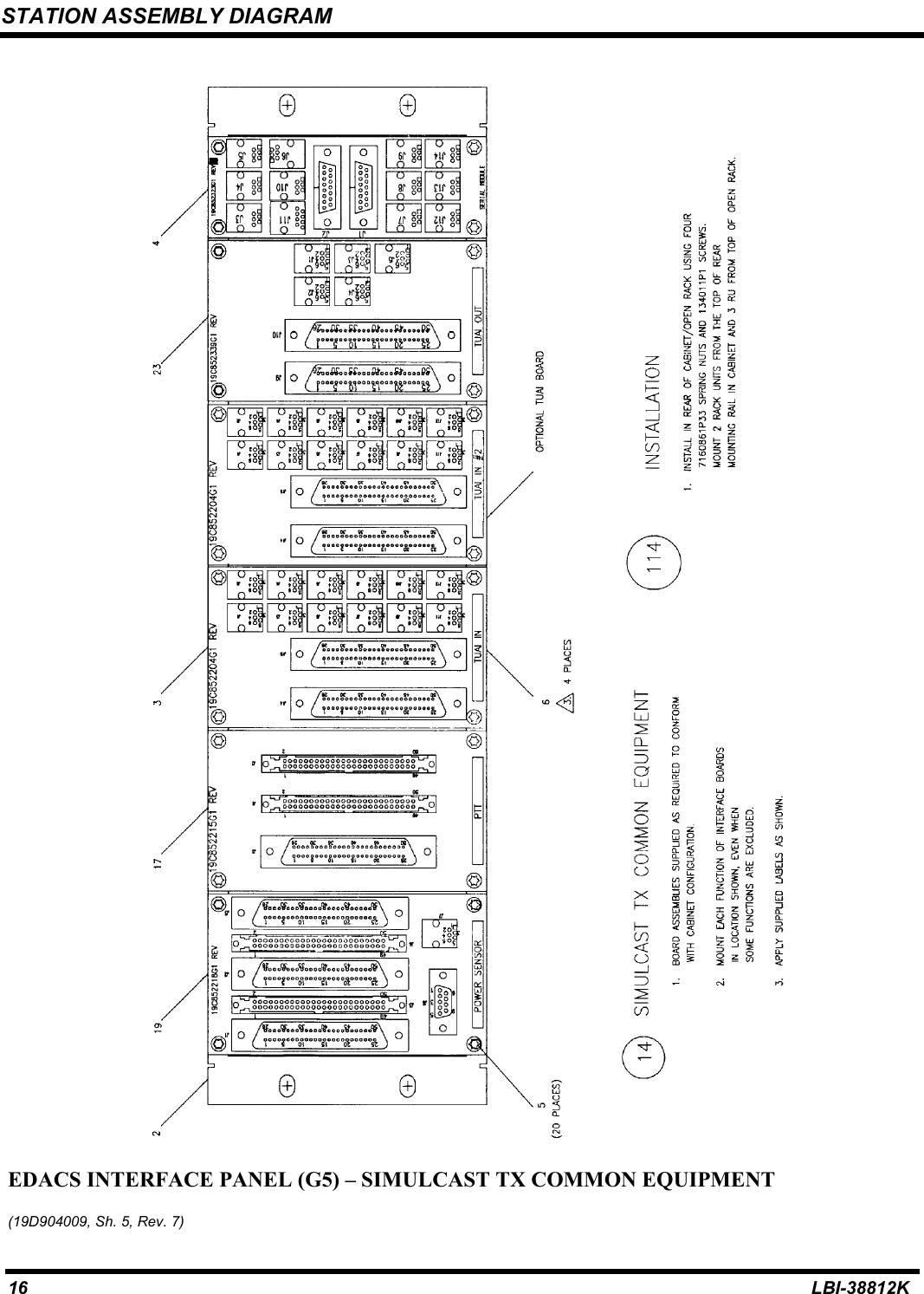 STATION ASSEMBLY DIAGRAM16 LBI-38812KEDACS INTERFACE PANEL (G5) – SIMULCAST TX COMMON EQUIPMENT(19D904009, Sh. 5, Rev. 7)