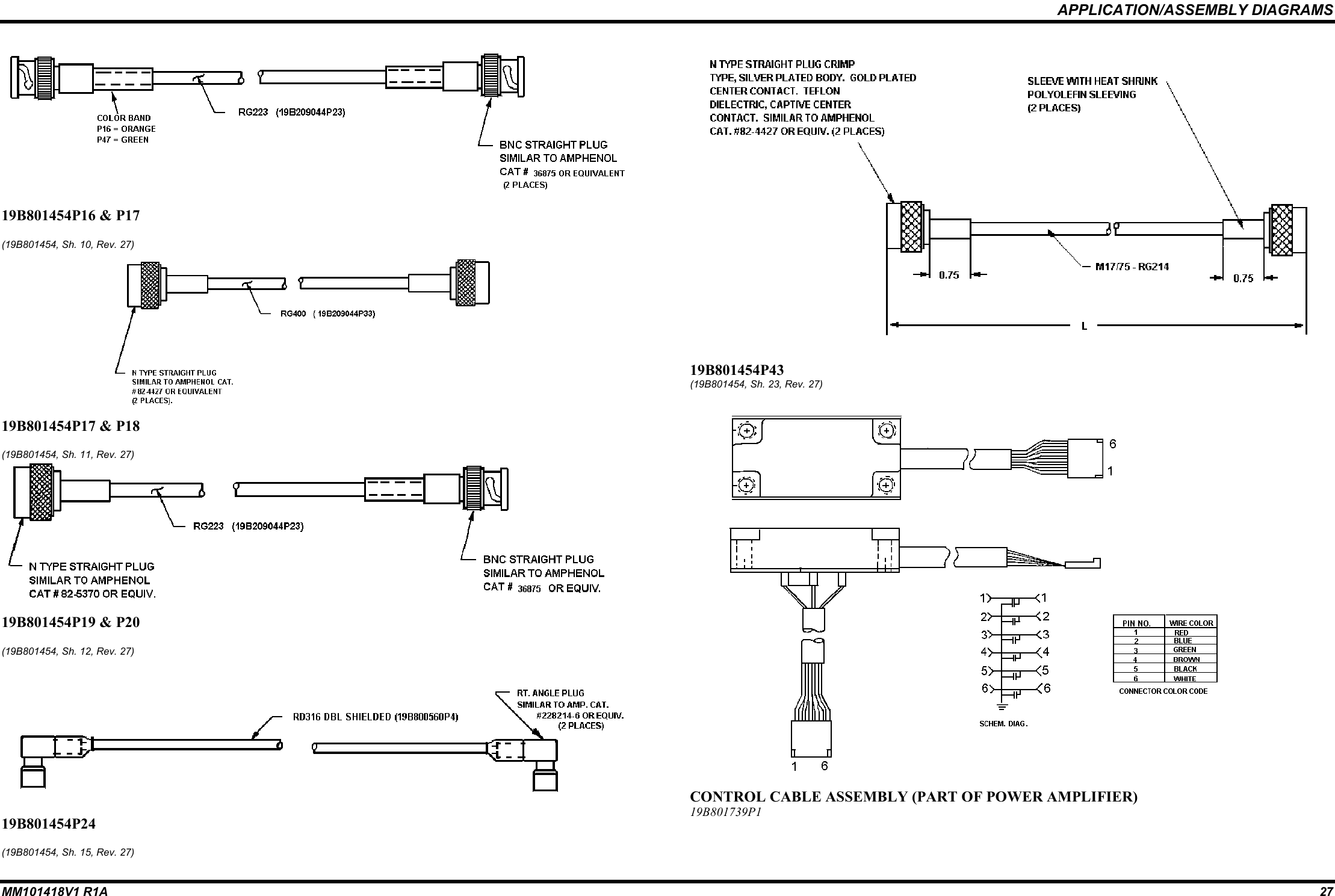 APPLICATION/ASSEMBLY DIAGRAMSMM101418V1 R1A 2719B801454P16 &amp; P17(19B801454, Sh. 10, Rev. 27)19B801454P17 &amp; P18(19B801454, Sh. 11, Rev. 27)19B801454P19 &amp; P20(19B801454, Sh. 12, Rev. 27)19B801454P24(19B801454, Sh. 15, Rev. 27)19B801454P43(19B801454, Sh. 23, Rev. 27)CONTROL CABLE ASSEMBLY (PART OF POWER AMPLIFIER)19B801739P1