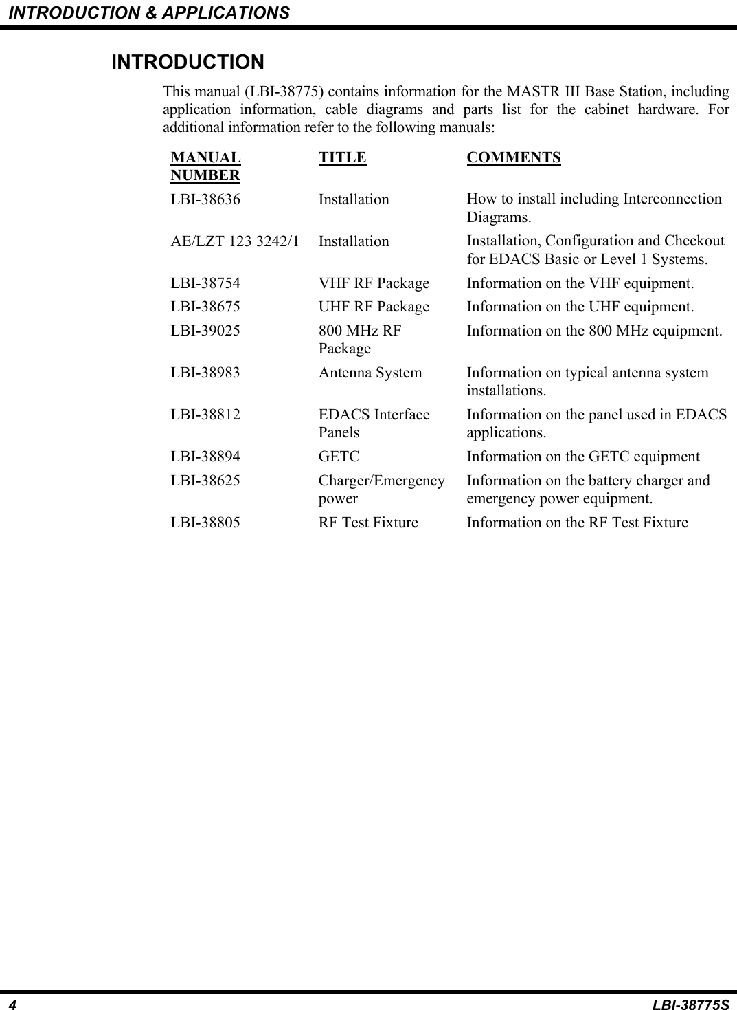 INTRODUCTION &amp; APPLICATIONS4LBI-38775SINTRODUCTIONThis manual (LBI-38775) contains information for the MASTR III Base Station, includingapplication information, cable diagrams and parts list for the cabinet hardware. Foradditional information refer to the following manuals:MANUALNUMBERTITLE COMMENTSLBI-38636 Installation How to install including InterconnectionDiagrams.AE/LZT 123 3242/1 Installation Installation, Configuration and Checkoutfor EDACS Basic or Level 1 Systems.LBI-38754 VHF RF Package Information on the VHF equipment.LBI-38675 UHF RF Package Information on the UHF equipment.LBI-39025 800 MHz RFPackageInformation on the 800 MHz equipment.LBI-38983 Antenna System Information on typical antenna systeminstallations.LBI-38812 EDACS InterfacePanelsInformation on the panel used in EDACSapplications.LBI-38894 GETC Information on the GETC equipmentLBI-38625 Charger/EmergencypowerInformation on the battery charger andemergency power equipment.LBI-38805 RF Test Fixture Information on the RF Test Fixture
