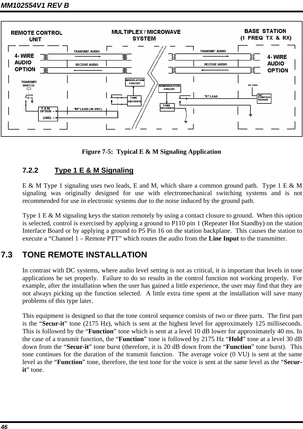 MM102554V1 REV B 46    Figure 7-5:  Typical E &amp; M Signaling Application 7.2.2  Type 1 E &amp; M Signaling E &amp; M Type 1 signaling uses two leads, E and M, which share a common ground path.  Type 1 E &amp; M signaling was originally designed for use with electromechanical switching systems and is not recommended for use in electronic systems due to the noise induced by the ground path. Type 1 E &amp; M signaling keys the station remotely by using a contact closure to ground.  When this option is selected, control is exercised by applying a ground to P110 pin 1 (Repeater Hot Standby) on the station Interface Board or by applying a ground to P5 Pin 16 on the station backplane.  This causes the station to execute a “Channel 1 – Remote PTT” which routes the audio from the Line Input to the transmitter. 7.3  TONE REMOTE INSTALLATION In contrast with DC systems, where audio level setting is not as critical, it is important that levels in tone applications be set properly.  Failure to do so results in the control function not working properly.  For example, after the installation when the user has gained a little experience, the user may find that they are not always picking up the function selected.  A little extra time spent at the installation will save many problems of this type later. This equipment is designed so that the tone control sequence consists of two or three parts.  The first part is the “Secur-it” tone (2175 Hz), which is sent at the highest level for approximately 125 milliseconds. This is followed by the “Function” tone which is sent at a level 10 dB lower for approximately 40 ms. In the case of a transmit function, the “Function” tone is followed by 2175 Hz “Hold” tone at a level 30 dB down from the “Secur-it” tone burst (therefore, it is 20 dB down from the “Function” tone burst).  This tone continues for the duration of the transmit function.  The average voice (0 VU) is sent at the same level as the “Function” tone, therefore, the test tone for the voice is sent at the same level as the “Secur-it” tone. 