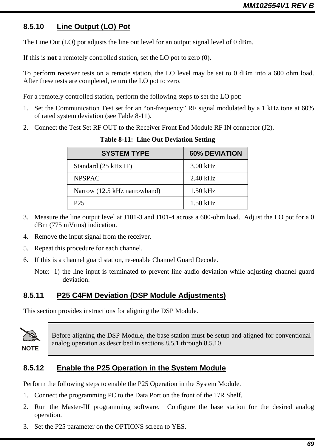 MM102554V1 REV B  69 8.5.10  Line Output (LO) Pot The Line Out (LO) pot adjusts the line out level for an output signal level of 0 dBm. If this is not a remotely controlled station, set the LO pot to zero (0). To perform receiver tests on a remote station, the LO level may be set to 0 dBm into a 600 ohm load.  After these tests are completed, return the LO pot to zero. For a remotely controlled station, perform the following steps to set the LO pot: 1. Set the Communication Test set for an “on-frequency” RF signal modulated by a 1 kHz tone at 60% of rated system deviation (see Table 8-11).  2. Connect the Test Set RF OUT to the Receiver Front End Module RF IN connector (J2). Table 8-11:  Line Out Deviation Setting SYSTEM TYPE  60% DEVIATION Standard (25 kHz IF)  3.00 kHz  NPSPAC 2.40 kHz Narrow (12.5 kHz narrowband)  1.50 kHz  P25   1.50 kHz 3. Measure the line output level at J101-3 and J101-4 across a 600-ohm load.  Adjust the LO pot for a 0 dBm (775 mVrms) indication.   4. Remove the input signal from the receiver.  5. Repeat this procedure for each channel. 6. If this is a channel guard station, re-enable Channel Guard Decode. Note:  1) the line input is terminated to prevent line audio deviation while adjusting channel guard deviation. 8.5.11  P25 C4FM Deviation (DSP Module Adjustments) This section provides instructions for aligning the DSP Module. NOTE Before aligning the DSP Module, the base station must be setup and aligned for conventional analog operation as described in sections 8.5.1 through 8.5.10. 8.5.12  Enable the P25 Operation in the System Module Perform the following steps to enable the P25 Operation in the System Module. 1. Connect the programming PC to the Data Port on the front of the T/R Shelf. 2. Run the Master-III programming software.  Configure the base station for the desired analog operation. 3. Set the P25 parameter on the OPTIONS screen to YES. 