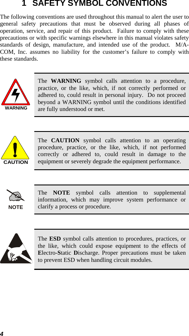 4 1  SAFETY SYMBOL CONVENTIONS The following conventions are used throughout this manual to alert the user to general safety precautions that must be observed during all phases of operation, service, and repair of this product.  Failure to comply with these precautions or with specific warnings elsewhere in this manual violates safety standards of design, manufacture, and intended use of the product.  M/A-COM, Inc. assumes no liability for the customer’s failure to comply with these standards.  WARNING The  WARNING symbol calls attention to a procedure, practice, or the like, which, if not correctly performed or adhered to, could result in personal injury.  Do not proceed beyond a WARNING symbol until the conditions identified are fully understood or met.   CAUTION The  CAUTION symbol calls attention to an operating procedure, practice, or the like, which, if not performed correctly or adhered to, could result in damage to the equipment or severely degrade the equipment performance.   NOTE The  NOTE symbol calls attention to supplemental information, which may improve system performance or clarify a process or procedure.    The ESD symbol calls attention to procedures, practices, or the like, which could expose equipment to the effects of Electro-Static  Discharge. Proper precautions must be taken to prevent ESD when handling circuit modules.  