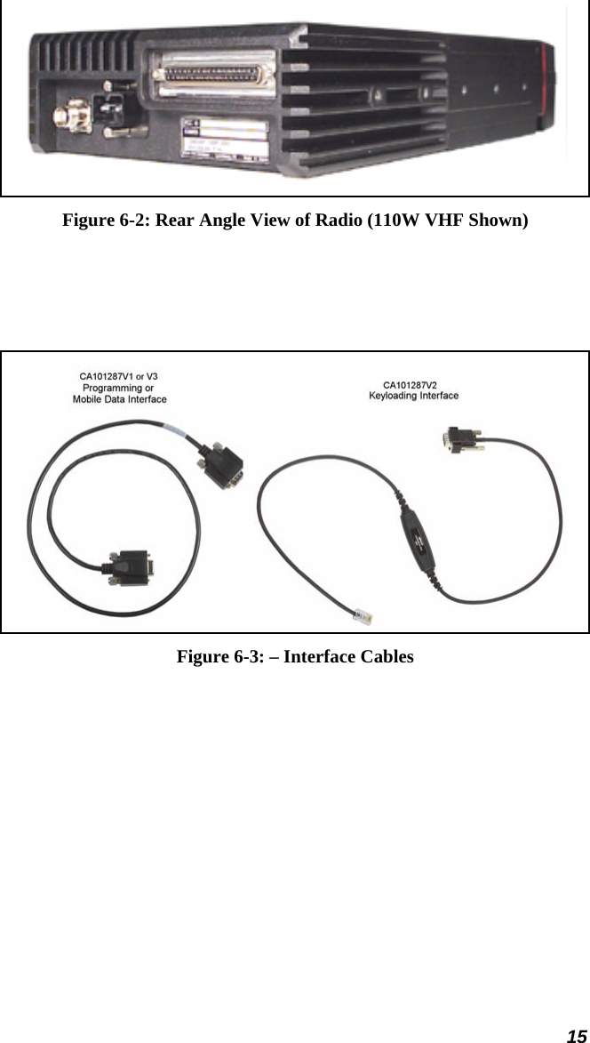 15  Figure 6-2: Rear Angle View of Radio (110W VHF Shown)     Figure 6-3: – Interface Cables 