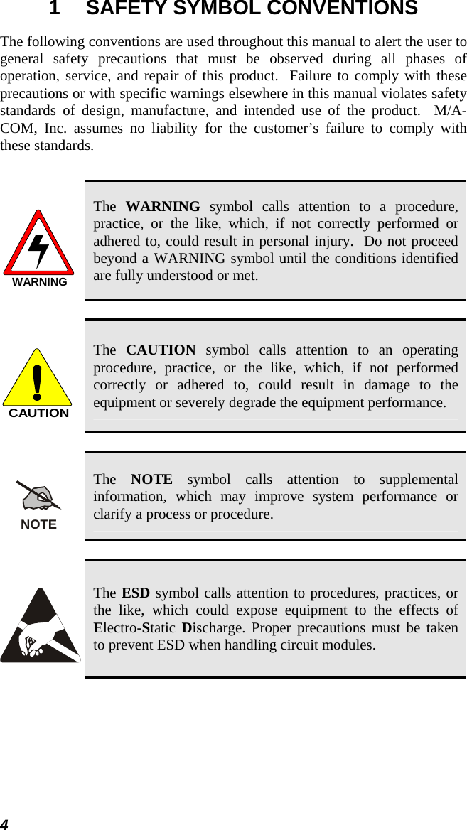4 1  SAFETY SYMBOL CONVENTIONS The following conventions are used throughout this manual to alert the user to general safety precautions that must be observed during all phases of operation, service, and repair of this product.  Failure to comply with these precautions or with specific warnings elsewhere in this manual violates safety standards of design, manufacture, and intended use of the product.  M/A-COM, Inc. assumes no liability for the customer’s failure to comply with these standards.  WARNING The  WARNING symbol calls attention to a procedure, practice, or the like, which, if not correctly performed or adhered to, could result in personal injury.  Do not proceed beyond a WARNING symbol until the conditions identified are fully understood or met.   CAUTION The  CAUTION symbol calls attention to an operating procedure, practice, or the like, which, if not performed correctly or adhered to, could result in damage to the equipment or severely degrade the equipment performance.   NOTE The  NOTE symbol calls attention to supplemental information, which may improve system performance or clarify a process or procedure.    The ESD symbol calls attention to procedures, practices, or the like, which could expose equipment to the effects of Electro-Static Discharge. Proper precautions must be taken to prevent ESD when handling circuit modules.  