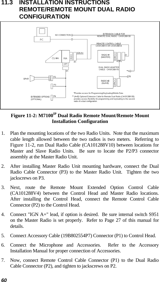 60 11.3 INSTALLATION INSTRUCTIONS REMOTE/REMOTE MOUNT DUAL RADIO CONFIGURATION  Figure 11-2: M7100IP Dual Radio Remote Mount/Remote Mount Installation Configuration 1.  Plan the mounting locations of the two Radio Units.  Note that the maximum cable length allowed between the two radios is two meters.  Referring to Figure 11-2, run Dual Radio Cable (CA101288V10) between locations for Master and Slave Radio Units.  Be sure to locate the P2/P3 connector assembly at the Master Radio Unit. 2.  After installing Master Radio Unit mounting hardware, connect the Dual Radio Cable Connector (P3) to the Master Radio Unit.  Tighten the two jackscrews on P3. 3. Next, route the Remote Mount Extended Option Control Cable (CA101288V4) between the Control Head and Master Radio locations.  After installing the Control Head, connect the Remote Control Cable Connector (P2) to the Control Head. 4.  Connect &quot;IGN A+&quot; lead, if option is desired.  Be sure internal switch S951 on the Master Radio is set properly.  Refer to Page 27 of this manual for details. 5.  Connect Accessory Cable (19B802554P7) Connector (P1) to Control Head. 6.  Connect the Microphone and Accessories.  Refer to the Accessory Installation Manual for proper connection of Accessories. 7.  Now, connect Remote Control Cable Connector (P1) to the Dual Radio Cable Connector (P2), and tighten to jackscrews on P2. 