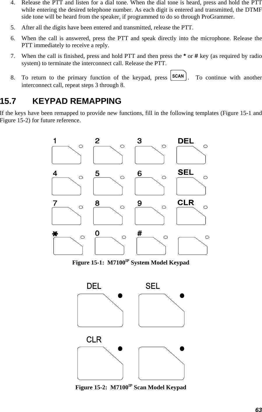 63 4.   Release the PTT and listen for a dial tone. When the dial tone is heard, press and hold the PTT while entering the desired telephone number. As each digit is entered and transmitted, the DTMF side tone will be heard from the speaker, if programmed to do so through ProGrammer. 5.   After all the digits have been entered and transmitted, release the PTT. 6.   When the call is answered, press the PTT and speak directly into the microphone. Release the PTT immediately to receive a reply. 7.   When the call is finished, press and hold PTT and then press the * or # key (as required by radio system) to terminate the interconnect call. Release the PTT. 8.   To return to the primary function of the keypad, press k.  To continue with another interconnect call, repeat steps 3 through 8. 15.7 KEYPAD REMAPPING If the keys have been remapped to provide new functions, fill in the following templates (Figure 15-1 and Figure 15-2) for future reference.   Figure 15-1:  M7100IP System Model Keypad   Figure 15-2:  M7100IP Scan Model Keypad 