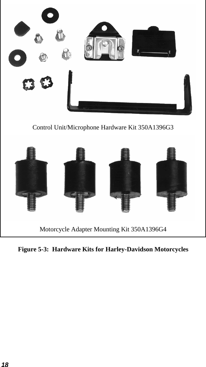 18  Control Unit/Microphone Hardware Kit 350A1396G3  Motorcycle Adapter Mounting Kit 350A1396G4 Figure 5-3:  Hardware Kits for Harley-Davidson Motorcycles 