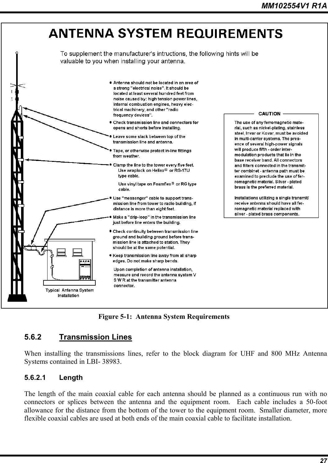 MM102554V1 R1A  27  Figure 5-1:  Antenna System Requirements 5.6.2 Transmission Lines When installing the transmissions lines, refer to the block diagram for UHF and 800 MHz Antenna Systems contained in LBI- 38983. 5.6.2.1 Length The length of the main coaxial cable for each antenna should be planned as a continuous run with no connectors or splices between the antenna and the equipment room.  Each cable includes a 50-foot allowance for the distance from the bottom of the tower to the equipment room.  Smaller diameter, more flexible coaxial cables are used at both ends of the main coaxial cable to facilitate installation. 