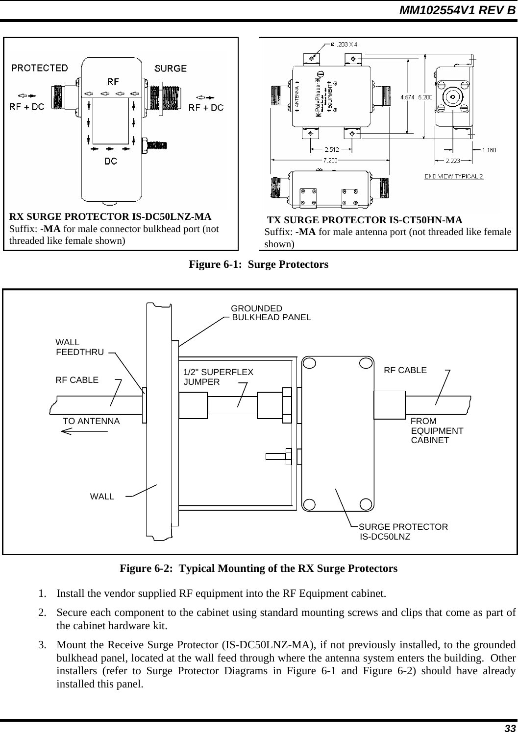 MM102554V1 REV B  33   RX SURGE PROTECTOR IS-DC50LNZ-MA Suffix: -MA for male connector bulkhead port (not threaded like female shown)   TX SURGE PROTECTOR IS-CT50HN-MA Suffix: -MA for male antenna port (not threaded like female shown) Figure 6-1:  Surge Protectors   GROUNDEDBULKHEAD PANELIS-DC50LNZSURGE PROTECTORWALLFEEDTHRURF CABLE 1/2&quot; SUPERFLEXJUMPERWALLTO ANTENNARF CABLEFROMEQUIPMENTCABINET  Figure 6-2:  Typical Mounting of the RX Surge Protectors 1. Install the vendor supplied RF equipment into the RF Equipment cabinet.  2. Secure each component to the cabinet using standard mounting screws and clips that come as part of the cabinet hardware kit. 3. Mount the Receive Surge Protector (IS-DC50LNZ-MA), if not previously installed, to the grounded bulkhead panel, located at the wall feed through where the antenna system enters the building.  Other installers (refer to Surge Protector Diagrams in Figure 6-1 and Figure 6-2) should have already installed this panel. 