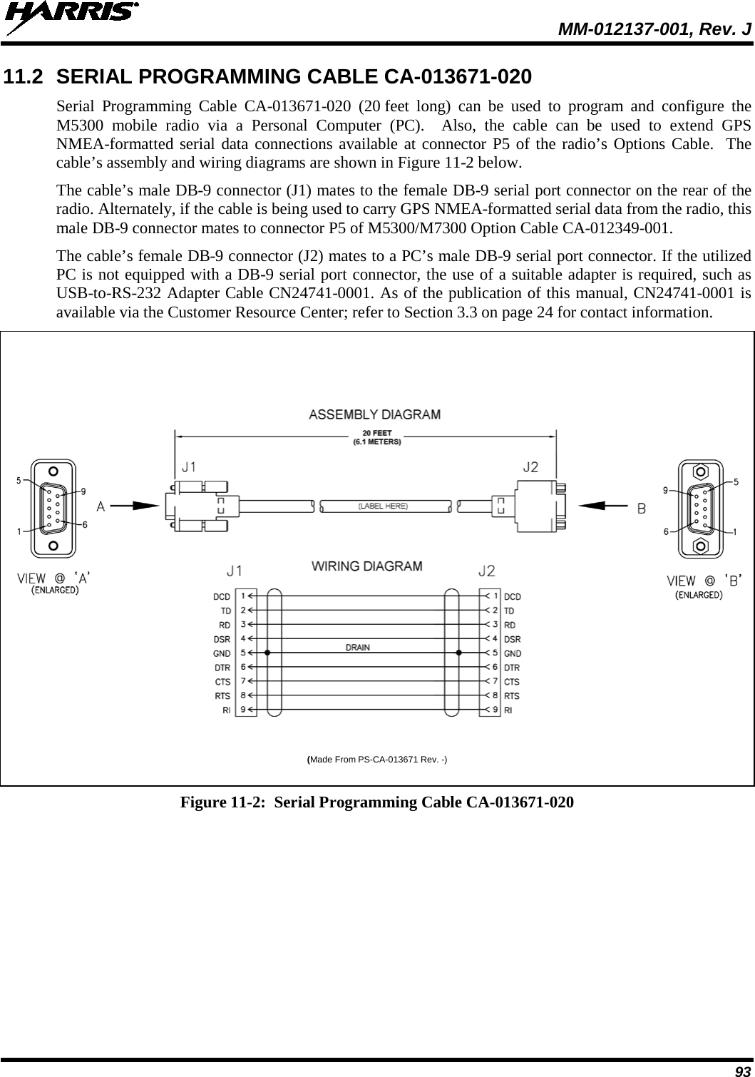  MM-012137-001, Rev. J 93 11.2 SERIAL PROGRAMMING CABLE CA-013671-020 Serial Programming Cable CA-013671-020 (20 feet long) can be used to program and configure the M5300  mobile radio via a Personal Computer (PC).  Also, the  cable can be used to extend GPS NMEA-formatted serial data connections available at connector P5 of the radio’s Options Cable.  The cable’s assembly and wiring diagrams are shown in Figure 11-2 below. The cable’s male DB-9 connector (J1) mates to the female DB-9 serial port connector on the rear of the radio. Alternately, if the cable is being used to carry GPS NMEA-formatted serial data from the radio, this male DB-9 connector mates to connector P5 of M5300/M7300 Option Cable CA-012349-001. The cable’s female DB-9 connector (J2) mates to a PC’s male DB-9 serial port connector. If the utilized PC is not equipped with a DB-9 serial port connector, the use of a suitable adapter is required, such as USB-to-RS-232 Adapter Cable CN24741-0001. As of the publication of this manual, CN24741-0001 is available via the Customer Resource Center; refer to Section 3.3 on page 24 for contact information.        (Made From PS-CA-013671 Rev. -)  Figure 11-2:  Serial Programming Cable CA-013671-020  