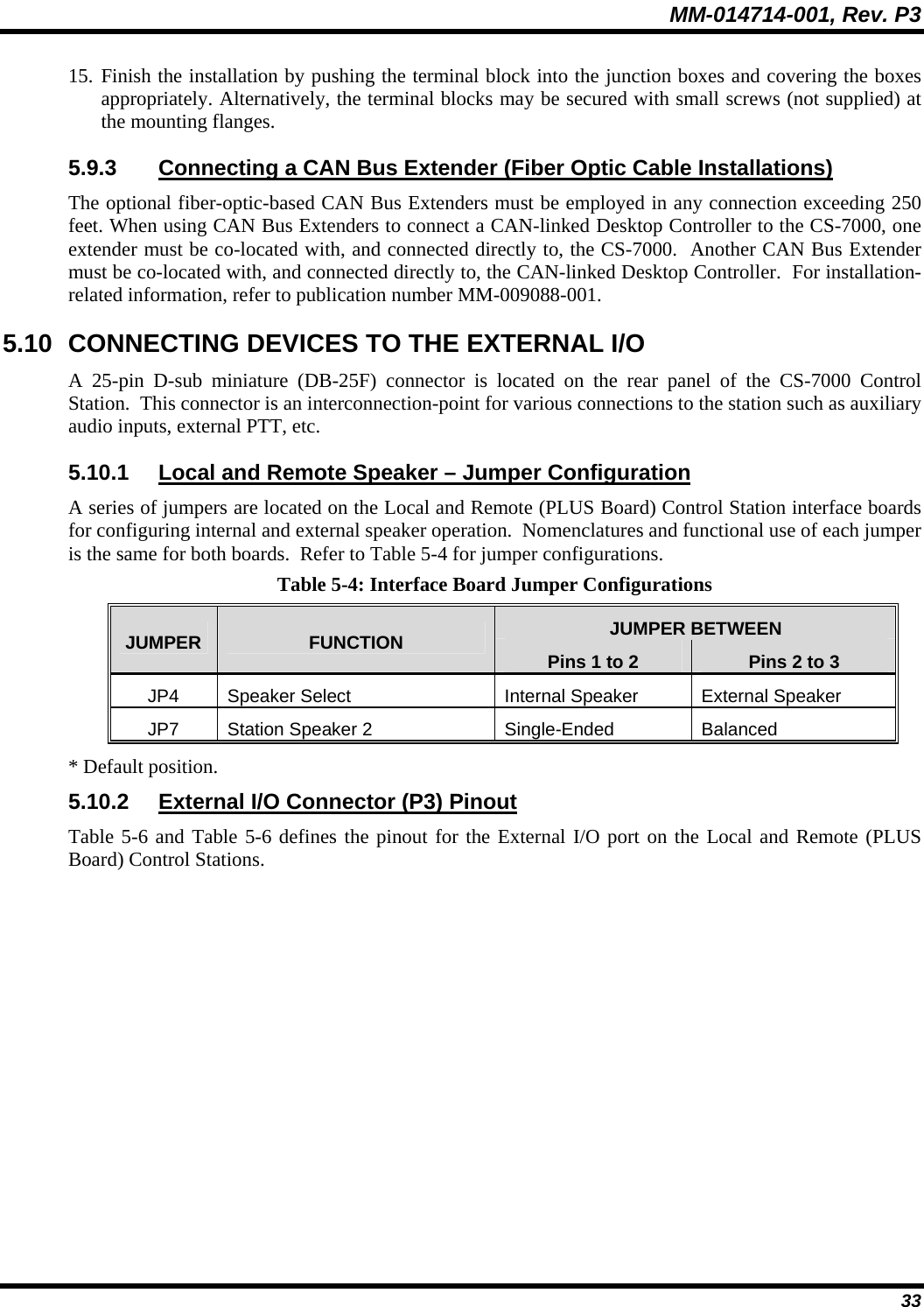 MM-014714-001, Rev. P3 33 15. Finish the installation by pushing the terminal block into the junction boxes and covering the boxes appropriately. Alternatively, the terminal blocks may be secured with small screws (not supplied) at the mounting flanges. 5.9.3  Connecting a CAN Bus Extender (Fiber Optic Cable Installations) The optional fiber-optic-based CAN Bus Extenders must be employed in any connection exceeding 250 feet. When using CAN Bus Extenders to connect a CAN-linked Desktop Controller to the CS-7000, one extender must be co-located with, and connected directly to, the CS-7000.  Another CAN Bus Extender must be co-located with, and connected directly to, the CAN-linked Desktop Controller.  For installation-related information, refer to publication number MM-009088-001. 5.10 CONNECTING DEVICES TO THE EXTERNAL I/O A 25-pin D-sub miniature (DB-25F) connector is located on the rear panel of the CS-7000 Control Station.  This connector is an interconnection-point for various connections to the station such as auxiliary audio inputs, external PTT, etc. 5.10.1  Local and Remote Speaker – Jumper Configuration A series of jumpers are located on the Local and Remote (PLUS Board) Control Station interface boards for configuring internal and external speaker operation.  Nomenclatures and functional use of each jumper is the same for both boards.  Refer to Table 5-4 for jumper configurations. Table 5-4: Interface Board Jumper Configurations JUMPER BETWEEN JUMPER  FUNCTION  Pins 1 to 2  Pins 2 to 3 JP4  Speaker Select  Internal Speaker  External Speaker JP7  Station Speaker 2  Single-Ended  Balanced * Default position. 5.10.2  External I/O Connector (P3) Pinout Table 5-6 and Table 5-6 defines the pinout for the External I/O port on the Local and Remote (PLUS Board) Control Stations.    