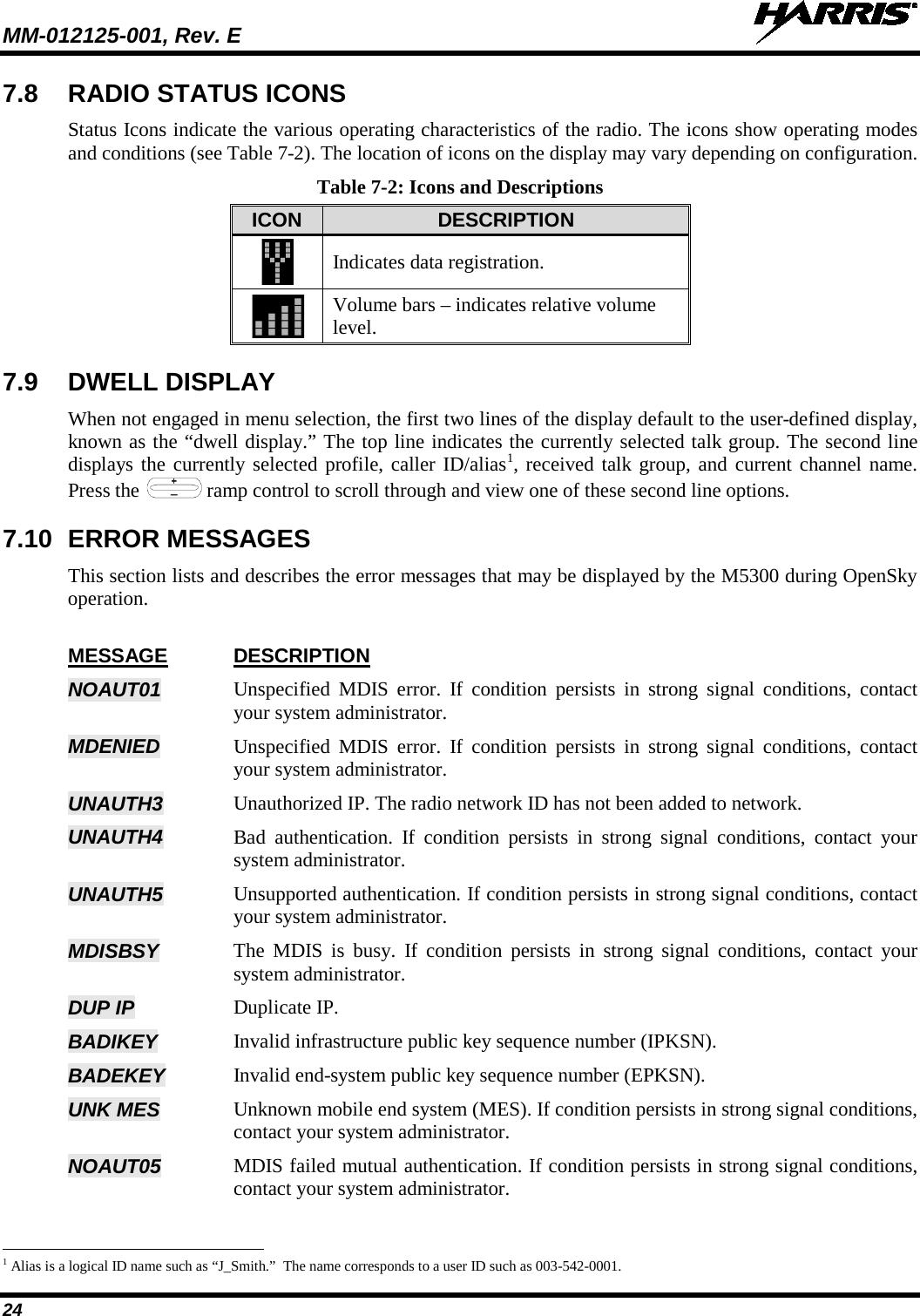 MM-012125-001, Rev. E   24 7.8 RADIO STATUS ICONS Status Icons indicate the various operating characteristics of the radio. The icons show operating modes and conditions (see Table 7-2). The location of icons on the display may vary depending on configuration. Table 7-2: Icons and Descriptions ICON DESCRIPTION  Indicates data registration.  Volume bars – indicates relative volume level. 7.9 DWELL DISPLAY When not engaged in menu selection, the first two lines of the display default to the user-defined display, known as the “dwell display.” The top line indicates the currently selected talk group. The second line displays the currently selected profile, caller ID/alias1, received talk group, and current channel name. Press the   ramp control to scroll through and view one of these second line options.  7.10 ERROR MESSAGES This section lists and describes the error messages that may be displayed by the M5300 during OpenSky operation.  MESSAGE DESCRIPTION NOAUT01 Unspecified MDIS error. If condition persists in strong signal conditions, contact your system administrator. MDENIED  Unspecified MDIS error. If condition persists in strong signal conditions, contact your system administrator. UNAUTH3 Unauthorized IP. The radio network ID has not been added to network. UNAUTH4 Bad authentication. If condition persists in strong signal conditions, contact your system administrator. UNAUTH5 Unsupported authentication. If condition persists in strong signal conditions, contact your system administrator. MDISBSY The MDIS is busy. If condition persists in strong signal conditions, contact your system administrator. DUP IP Duplicate IP. BADIKEY Invalid infrastructure public key sequence number (IPKSN). BADEKEY Invalid end-system public key sequence number (EPKSN). UNK MES Unknown mobile end system (MES). If condition persists in strong signal conditions, contact your system administrator. NOAUT05 MDIS failed mutual authentication. If condition persists in strong signal conditions, contact your system administrator.                                                            1 Alias is a logical ID name such as “J_Smith.”  The name corresponds to a user ID such as 003-542-0001. 