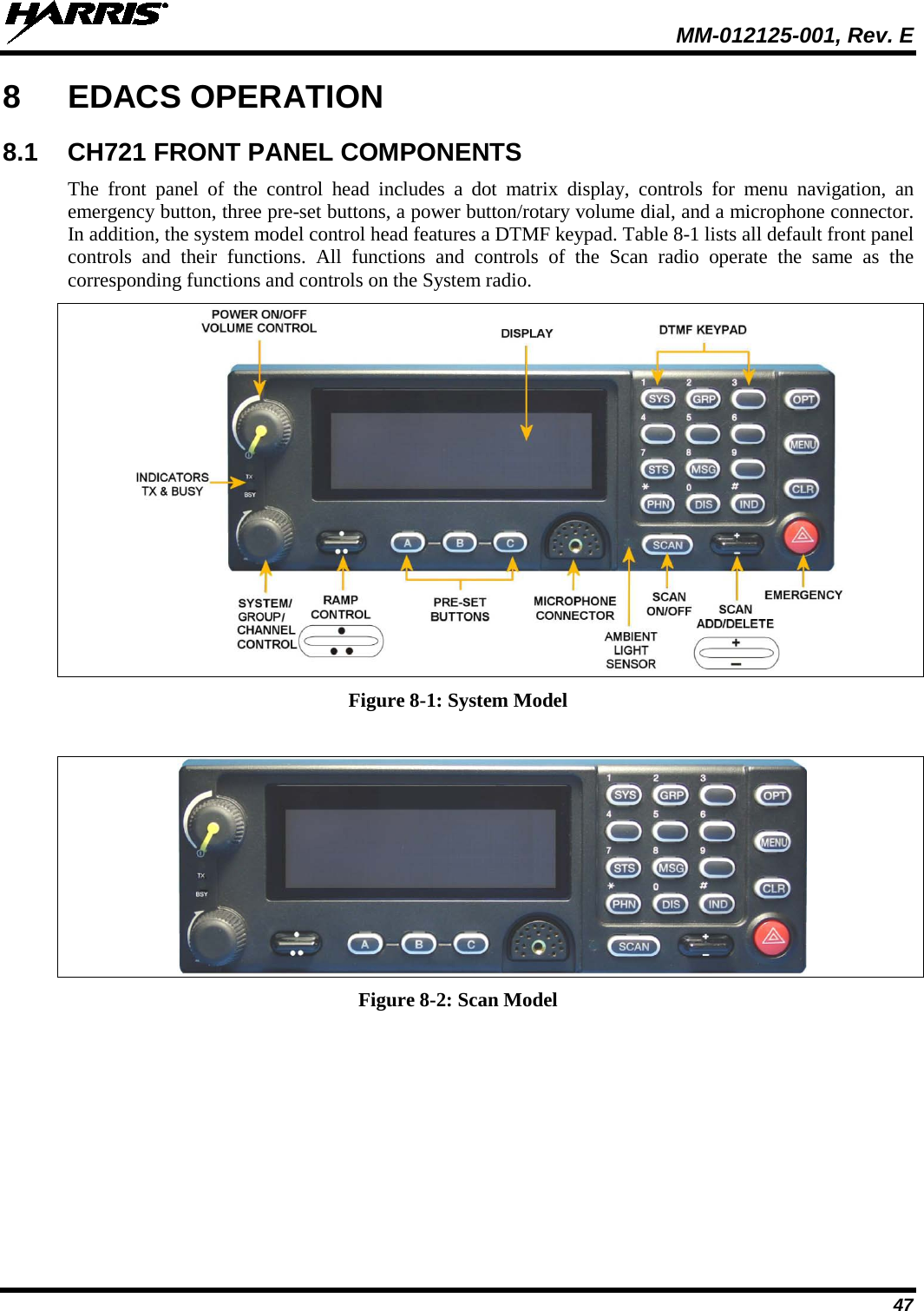  MM-012125-001, Rev. E 47 8  EDACS OPERATION 8.1 CH721 FRONT PANEL COMPONENTS The front panel of the control head includes a dot matrix display,  controls for menu navigation, an emergency button, three pre-set buttons, a power button/rotary volume dial, and a microphone connector. In addition, the system model control head features a DTMF keypad. Table 8-1 lists all default front panel controls and their functions. All functions and controls of the Scan radio operate the same as the corresponding functions and controls on the System radio.    Figure 8-1: System Model   Figure 8-2: Scan Model 