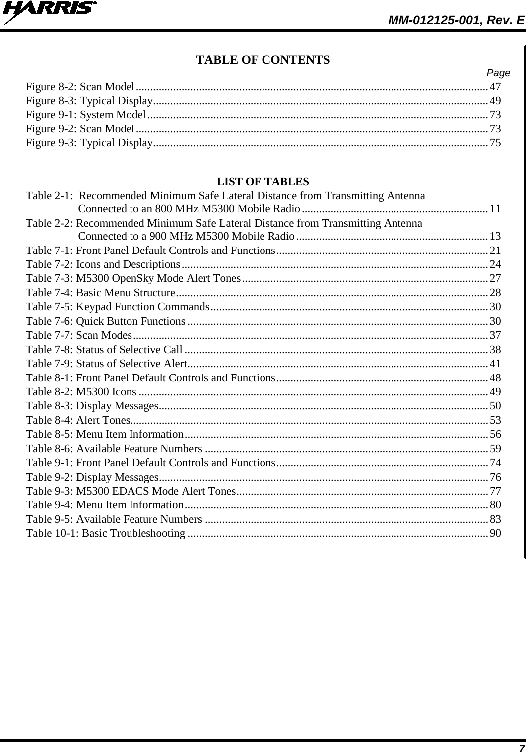  MM-012125-001, Rev. E 7 TABLE OF CONTENTS Page Figure 8-2: Scan Model ........................................................................................................................... 47 Figure 8-3: Typical Display ..................................................................................................................... 49 Figure 9-1: System Model ....................................................................................................................... 73 Figure 9-2: Scan Model ........................................................................................................................... 73 Figure 9-3: Typical Display ..................................................................................................................... 75   LIST OF TABLES Table 2-1:  Recommended Minimum Safe Lateral Distance from Transmitting Antenna Connected to an 800 MHz M5300 Mobile Radio ................................................................. 11 Table 2-2: Recommended Minimum Safe Lateral Distance from Transmitting Antenna Connected to a 900 MHz M5300 Mobile Radio ................................................................... 13 Table 7-1: Front Panel Default Controls and Functions .......................................................................... 21 Table 7-2: Icons and Descriptions ........................................................................................................... 24 Table 7-3: M5300 OpenSky Mode Alert Tones ...................................................................................... 27 Table 7-4: Basic Menu Structure ............................................................................................................. 28 Table 7-5: Keypad Function Commands ................................................................................................. 30 Table 7-6: Quick Button Functions ......................................................................................................... 30 Table 7-7: Scan Modes ............................................................................................................................ 37 Table 7-8: Status of Selective Call .......................................................................................................... 38 Table 7-9: Status of Selective Alert ......................................................................................................... 41 Table 8-1: Front Panel Default Controls and Functions .......................................................................... 48 Table 8-2: M5300 Icons .......................................................................................................................... 49 Table 8-3: Display Messages ................................................................................................................... 50 Table 8-4: Alert Tones............................................................................................................................. 53 Table 8-5: Menu Item Information .......................................................................................................... 56 Table 8-6: Available Feature Numbers ................................................................................................... 59 Table 9-1: Front Panel Default Controls and Functions .......................................................................... 74 Table 9-2: Display Messages ................................................................................................................... 76 Table 9-3: M5300 EDACS Mode Alert Tones ........................................................................................ 77 Table 9-4: Menu Item Information .......................................................................................................... 80 Table 9-5: Available Feature Numbers ................................................................................................... 83 Table 10-1: Basic Troubleshooting ......................................................................................................... 90   