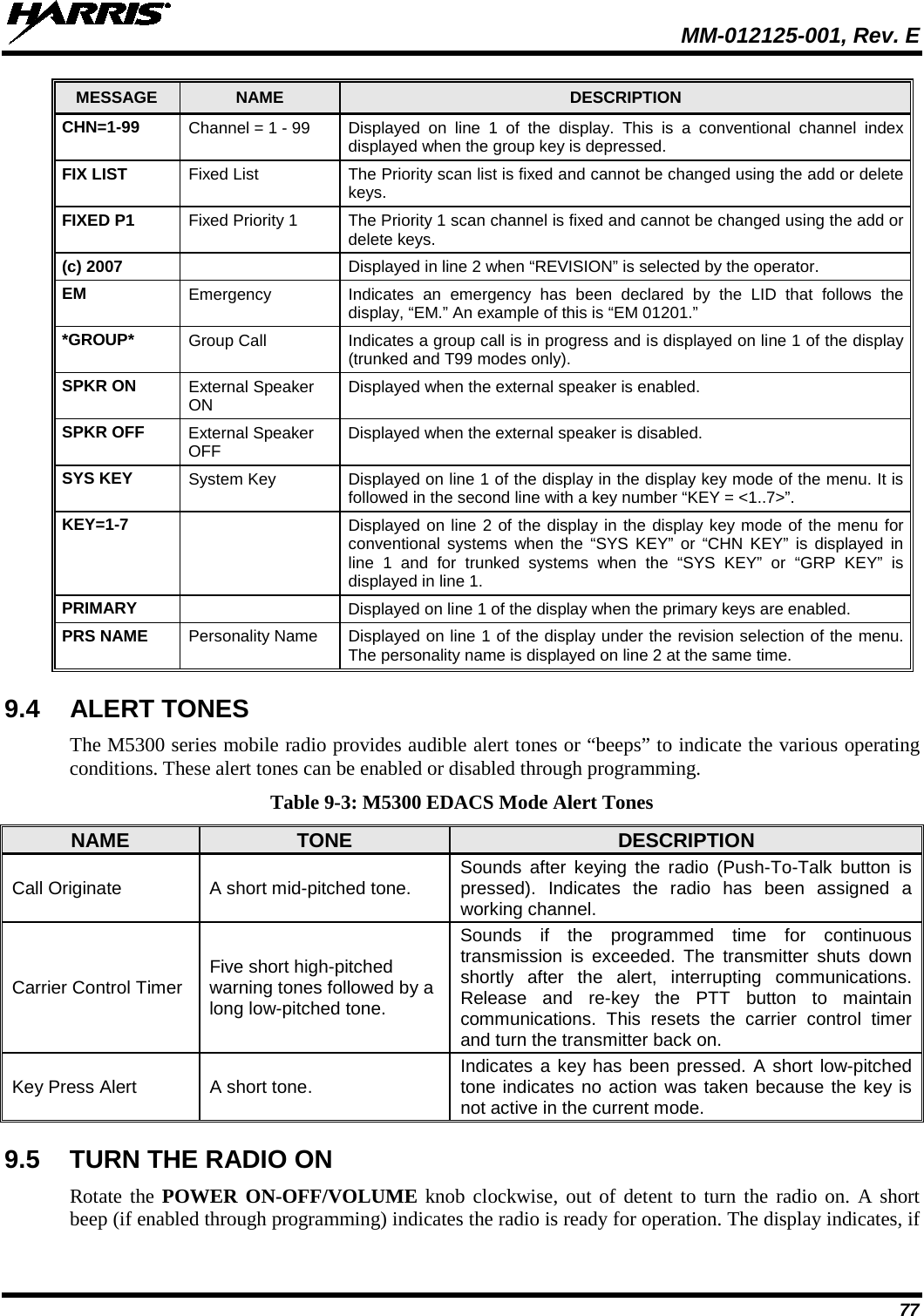  MM-012125-001, Rev. E 77 MESSAGE  NAME DESCRIPTION CHN=1-99 Channel = 1 - 99 Displayed on line 1 of the display. This is a conventional channel index displayed when the group key is depressed. FIX LIST Fixed List The Priority scan list is fixed and cannot be changed using the add or delete keys. FIXED P1 Fixed Priority 1 The Priority 1 scan channel is fixed and cannot be changed using the add or delete keys. (c) 2007   Displayed in line 2 when “REVISION” is selected by the operator. EM  Emergency Indicates an emergency has been declared by the LID that follows the display, “EM.” An example of this is “EM 01201.” *GROUP* Group Call Indicates a group call is in progress and is displayed on line 1 of the display (trunked and T99 modes only). SPKR ON External Speaker ON Displayed when the external speaker is enabled. SPKR OFF External Speaker OFF Displayed when the external speaker is disabled. SYS KEY System Key Displayed on line 1 of the display in the display key mode of the menu. It is followed in the second line with a key number “KEY = &lt;1..7&gt;”. KEY=1-7   Displayed on line 2 of the display in the display key mode of the menu for conventional systems when the “SYS KEY” or “CHN KEY” is displayed in line 1 and for trunked systems when the “SYS KEY” or “GRP KEY” is displayed in line 1. PRIMARY  Displayed on line 1 of the display when the primary keys are enabled. PRS NAME Personality Name Displayed on line 1 of the display under the revision selection of the menu. The personality name is displayed on line 2 at the same time. 9.4 ALERT TONES The M5300 series mobile radio provides audible alert tones or “beeps” to indicate the various operating conditions. These alert tones can be enabled or disabled through programming. Table 9-3: M5300 EDACS Mode Alert Tones NAME TONE DESCRIPTION Call Originate A short mid-pitched tone. Sounds after keying the radio (Push-To-Talk button is pressed). Indicates the radio has been assigned a working channel. Carrier Control Timer Five short high-pitched warning tones followed by a long low-pitched tone. Sounds if the programmed time for continuous transmission is exceeded. The transmitter shuts  down shortly after the alert, interrupting communications. Release and re-key the PTT button to maintain communications. This resets  the carrier control timer and turn the transmitter back on. Key Press Alert A short tone.  Indicates a key has been pressed. A short low-pitched tone indicates no action was taken because the key is not active in the current mode. 9.5 TURN THE RADIO ON Rotate the POWER ON-OFF/VOLUME knob clockwise, out of detent to turn the radio on. A short beep (if enabled through programming) indicates the radio is ready for operation. The display indicates, if 