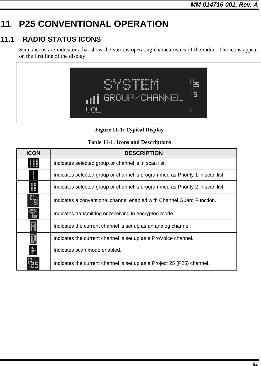 MM-014716-001, Rev. A 91 11  P25 CONVENTIONAL OPERATION 11.1  RADIO STATUS ICONS Status icons are indicators that show the various operating characteristics of the radio.  The icons appear on the first line of the display.    Figure 11-1: Typical Display Table 11-1: Icons and Descriptions ICON  DESCRIPTION  Indicates selected group or channel is in scan list.  Indicates selected group or channel is programmed as Priority 1 in scan list.  Indicates selected group or channel is programmed as Priority 2 in scan list.  Indicates a conventional channel enabled with Channel Guard Function.  Indicates transmitting or receiving in encrypted mode.  Indicates the current channel is set up as an analog channel.  Indicates the current channel is set up as a ProVoice channel.  Indicates scan mode enabled.   Indicates the current channel is set up as a Project 25 (P25) channel. 