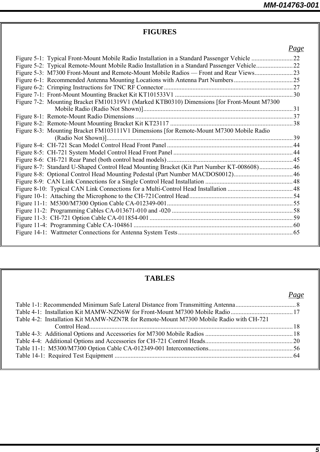 MM-014763-001 5 FIGURES Page Figure 5-1:  Typical Front-Mount Mobile Radio Installation in a Standard Passenger Vehicle ..........................22 Figure 5-2:  Typical Remote-Mount Mobile Radio Installation in a Standard Passenger Vehicle....................... 22 Figure 5-3:  M7300 Front-Mount and Remote-Mount Mobile Radios — Front and Rear Views........................ 23 Figure 6-1:  Recommended Antenna Mounting Locations with Antenna Part Numbers.....................................25 Figure 6-2:  Crimping Instructions for TNC RF Connector .................................................................................27 Figure 7-1:  Front-Mount Mounting Bracket Kit KT101533V1 ..........................................................................30 Figure 7-2:  Mounting Bracket FM101319V1 (Marked KTB0310) Dimensions [for Front-Mount M7300 Mobile Radio (Radio Not Shown)].............................................................................................. 31 Figure 8-1:  Remote-Mount Radio Dimensions ...................................................................................................37 Figure 8-2:  Remote-Mount Mounting Bracket Kit KT23117 .............................................................................38 Figure 8-3:  Mounting Bracket FM103111V1 Dimensions [for Remote-Mount M7300 Mobile Radio (Radio Not Shown)].....................................................................................................................39 Figure 8-4:  CH-721 Scan Model Control Head Front Panel ...............................................................................44 Figure 8-5:  CH-721 System Model Control Head Front Panel ...........................................................................44 Figure 8-6:  CH-721 Rear Panel (both control head models)............................................................................... 45 Figure 8-7:  Standard U-Shaped Control Head Mounting Bracket (Kit Part Number KT-008608)..................... 46 Figure 8-8:  Optional Control Head Mounting Pedestal (Part Number MACDOS0012).....................................46 Figure 8-9:  CAN Link Connections for a Single Control Head Installation .......................................................48 Figure 8-10:  Typical CAN Link Connections for a Multi-Control Head Installation .........................................48 Figure 10-1:  Attaching the Microphone to the CH-721Control Head................................................................. 54 Figure 11-1:  M5300/M7300 Option Cable CA-012349-001...............................................................................55 Figure 11-2:  Programming Cables CA-013671-010 and -020 ............................................................................58 Figure 11-3:  CH-721 Option Cable CA-011854-001..........................................................................................59 Figure 11-4:  Programming Cable CA-104861 ....................................................................................................60 Figure 14-1:  Wattmeter Connections for Antenna System Tests ........................................................................65     TABLES Page Table 1-1: Recommended Minimum Safe Lateral Distance from Transmitting Antenna......................................8 Table 4-1:  Installation Kit MAMW-NZN6W for Front-Mount M7300 Mobile Radio.......................................17 Table 4-2:  Installation Kit MAMW-NZN7R for Remote-Mount M7300 Mobile Radio with CH-721 Control Head................................................................................................................................18 Table 4-3:  Additional Options and Accessories for M7300 Mobile Radios ....................................................... 18 Table 4-4:  Additional Options and Accessories for CH-721 Control Heads.......................................................20 Table 11-1:  M5300/M7300 Option Cable CA-012349-001 Interconnections.....................................................56 Table 14-1:  Required Test Equipment ................................................................................................................64   