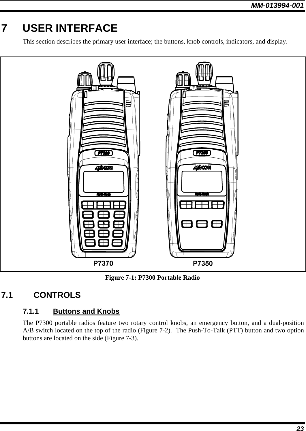 MM-013994-001 23 7 USER INTERFACE This section describes the primary user interface; the buttons, knob controls, indicators, and display.     Figure 7-1: P7300 Portable Radio 7.1 CONTROLS 7.1.1  Buttons and Knobs The P7300 portable radios feature two rotary control knobs, an emergency button, and a dual-position A/B switch located on the top of the radio (Figure 7-2).  The Push-To-Talk (PTT) button and two option buttons are located on the side (Figure 7-3). 