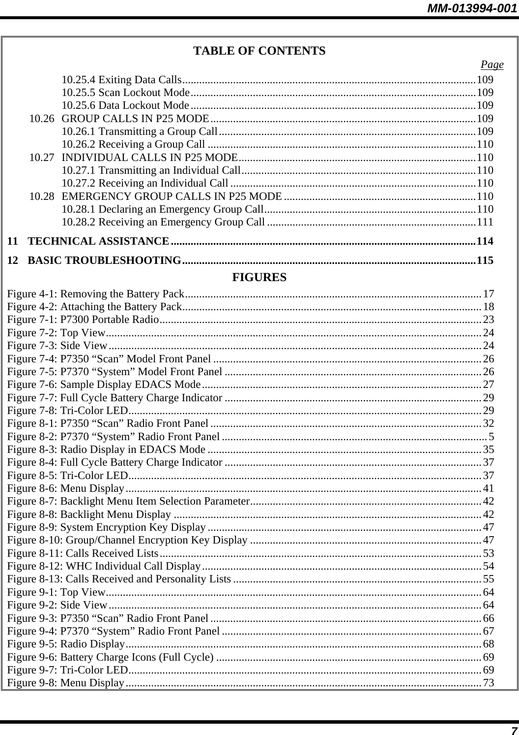 MM-013994-001 7 TABLE OF CONTENTS  Page 10.25.4 Exiting Data Calls........................................................................................................109 10.25.5 Scan Lockout Mode.....................................................................................................109 10.25.6 Data Lockout Mode.....................................................................................................109 10.26 GROUP CALLS IN P25 MODE..............................................................................................109 10.26.1 Transmitting a Group Call...........................................................................................109 10.26.2 Receiving a Group Call ...............................................................................................110 10.27 INDIVIDUAL CALLS IN P25 MODE....................................................................................110 10.27.1 Transmitting an Individual Call...................................................................................110 10.27.2 Receiving an Individual Call .......................................................................................110 10.28 EMERGENCY GROUP CALLS IN P25 MODE....................................................................110 10.28.1 Declaring an Emergency Group Call...........................................................................110 10.28.2 Receiving an Emergency Group Call ..........................................................................111 11 TECHNICAL ASSISTANCE............................................................................................................114 12 BASIC TROUBLESHOOTING........................................................................................................115 FIGURES Figure 4-1: Removing the Battery Pack.........................................................................................................17 Figure 4-2: Attaching the Battery Pack..........................................................................................................18 Figure 7-1: P7300 Portable Radio..................................................................................................................23 Figure 7-2: Top View.....................................................................................................................................24 Figure 7-3: Side View....................................................................................................................................24 Figure 7-4: P7350 “Scan” Model Front Panel ...............................................................................................26 Figure 7-5: P7370 “System” Model Front Panel ...........................................................................................26 Figure 7-6: Sample Display EDACS Mode...................................................................................................27 Figure 7-7: Full Cycle Battery Charge Indicator ...........................................................................................29 Figure 7-8: Tri-Color LED.............................................................................................................................29 Figure 8-1: P7350 “Scan” Radio Front Panel................................................................................................32 Figure 8-2: P7370 “System” Radio Front Panel ..............................................................................................5 Figure 8-3: Radio Display in EDACS Mode .................................................................................................35 Figure 8-4: Full Cycle Battery Charge Indicator ...........................................................................................37 Figure 8-5: Tri-Color LED.............................................................................................................................37 Figure 8-6: Menu Display..............................................................................................................................41 Figure 8-7: Backlight Menu Item Selection Parameter..................................................................................42 Figure 8-8: Backlight Menu Display .............................................................................................................42 Figure 8-9: System Encryption Key Display .................................................................................................47 Figure 8-10: Group/Channel Encryption Key Display ..................................................................................47 Figure 8-11: Calls Received Lists..................................................................................................................53 Figure 8-12: WHC Individual Call Display...................................................................................................54 Figure 8-13: Calls Received and Personality Lists ........................................................................................55 Figure 9-1: Top View.....................................................................................................................................64 Figure 9-2: Side View....................................................................................................................................64 Figure 9-3: P7350 “Scan” Radio Front Panel................................................................................................66 Figure 9-4: P7370 “System” Radio Front Panel ............................................................................................67 Figure 9-5: Radio Display..............................................................................................................................68 Figure 9-6: Battery Charge Icons (Full Cycle) ..............................................................................................69 Figure 9-7: Tri-Color LED.............................................................................................................................69 Figure 9-8: Menu Display..............................................................................................................................73 