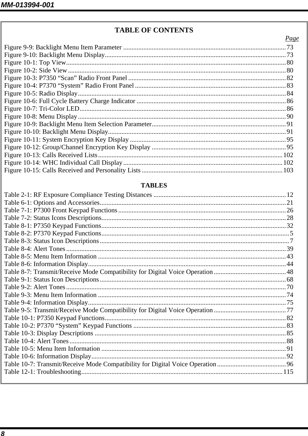MM-013994-001 8 TABLE OF CONTENTS  Page Figure 9-9: Backlight Menu Item Parameter .................................................................................................73 Figure 9-10: Backlight Menu Display............................................................................................................73 Figure 10-1: Top View...................................................................................................................................80 Figure 10-2: Side View..................................................................................................................................80 Figure 10-3: P7350 “Scan” Radio Front Panel ..............................................................................................82 Figure 10-4: P7370 “System” Radio Front Panel ..........................................................................................83 Figure 10-5: Radio Display............................................................................................................................84 Figure 10-6: Full Cycle Battery Charge Indicator .........................................................................................86 Figure 10-7: Tri-Color LED...........................................................................................................................86 Figure 10-8: Menu Display............................................................................................................................90 Figure 10-9: Backlight Menu Item Selection Parameter................................................................................91 Figure 10-10: Backlight Menu Display..........................................................................................................91 Figure 10-11: System Encryption Key Display .............................................................................................95 Figure 10-12: Group/Channel Encryption Key Display ................................................................................95 Figure 10-13: Calls Received Lists..............................................................................................................102 Figure 10-14: WHC Individual Call Display...............................................................................................102 Figure 10-15: Calls Received and Personality Lists ....................................................................................103 TABLES Table 2-1: RF Exposure Compliance Testing Distances ...............................................................................12 Table 6-1: Options and Accessories...............................................................................................................21 Table 7-1: P7300 Front Keypad Functions....................................................................................................26 Table 7-2: Status Icons Descriptions..............................................................................................................28 Table 8-1: P7350 Keypad Functions..............................................................................................................32 Table 8-2: P7370 Keypad Functions................................................................................................................5 Table 8-3: Status Icon Descriptions.................................................................................................................7 Table 8-4: Alert Tones...................................................................................................................................39 Table 8-5: Menu Item Information ................................................................................................................43 Table 8-6: Information Display......................................................................................................................44 Table 8-7: Transmit/Receive Mode Compatibility for Digital Voice Operation...........................................48 Table 9-1: Status Icon Descriptions...............................................................................................................68 Table 9-2: Alert Tones...................................................................................................................................70 Table 9-3: Menu Item Information ................................................................................................................74 Table 9-4: Information Display......................................................................................................................75 Table 9-5: Transmit/Receive Mode Compatibility for Digital Voice Operation...........................................77 Table 10-1: P7350 Keypad Functions............................................................................................................82 Table 10-2: P7370 “System” Keypad Functions ...........................................................................................83 Table 10-3: Display Descriptions ..................................................................................................................85 Table 10-4: Alert Tones.................................................................................................................................88 Table 10-5: Menu Item Information ..............................................................................................................91 Table 10-6: Information Display....................................................................................................................92 Table 10-7: Transmit/Receive Mode Compatibility for Digital Voice Operation.........................................96 Table 12-1: Troubleshooting........................................................................................................................115   