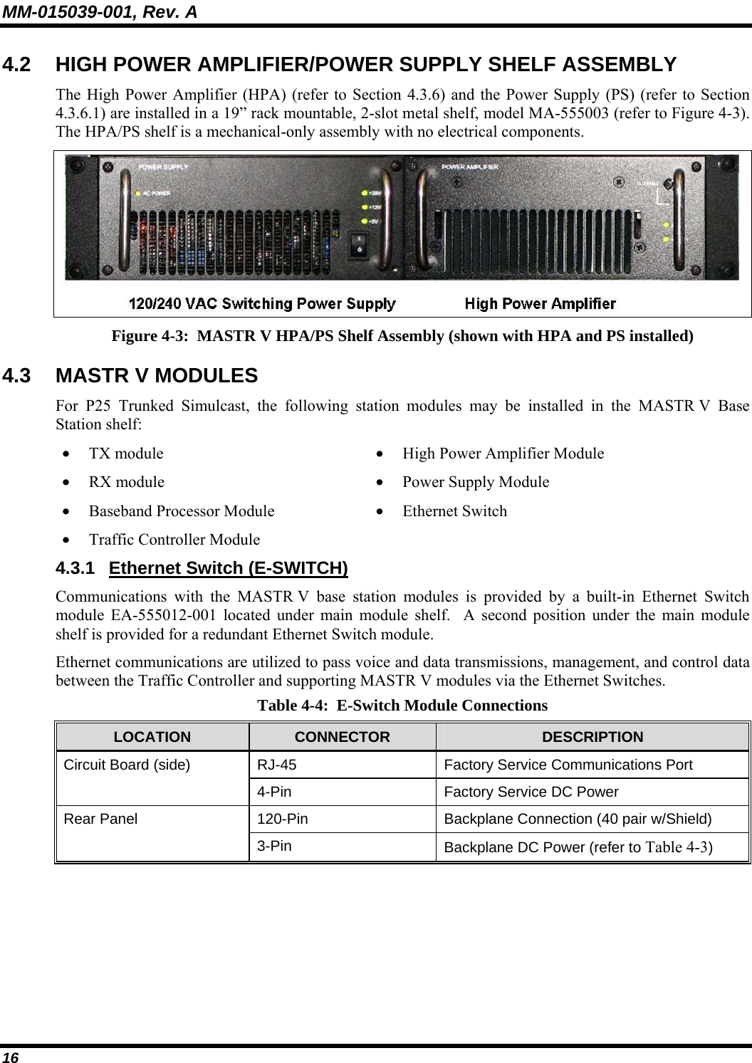 MM-015039-001, Rev. A 16 4.2  HIGH POWER AMPLIFIER/POWER SUPPLY SHELF ASSEMBLY The High Power Amplifier (HPA) (refer to Section 4.3.6) and the Power Supply (PS) (refer to Section 4.3.6.1) are installed in a 19” rack mountable, 2-slot metal shelf, model MA-555003 (refer to Figure 4-3).  The HPA/PS shelf is a mechanical-only assembly with no electrical components.  Figure 4-3:  MASTR V HPA/PS Shelf Assembly (shown with HPA and PS installed) 4.3 MASTR V MODULES For P25 Trunked Simulcast, the following station modules may be installed in the MASTR V Base Station shelf: • TX module • RX module • Baseband Processor Module • Traffic Controller Module • High Power Amplifier Module • Power Supply Module • Ethernet Switch 4.3.1 Ethernet Switch (E-SWITCH) Communications with the MASTR V base station modules is provided by a built-in Ethernet Switch module EA-555012-001 located under main module shelf.  A second position under the main module shelf is provided for a redundant Ethernet Switch module. Ethernet communications are utilized to pass voice and data transmissions, management, and control data between the Traffic Controller and supporting MASTR V modules via the Ethernet Switches.   Table 4-4:  E-Switch Module Connections LOCATION  CONNECTOR   DESCRIPTION RJ-45  Factory Service Communications Port Circuit Board (side) 4-Pin  Factory Service DC Power  120-Pin  Backplane Connection (40 pair w/Shield) Rear Panel 3-Pin  Backplane DC Power (refer to Table 4-3)  
