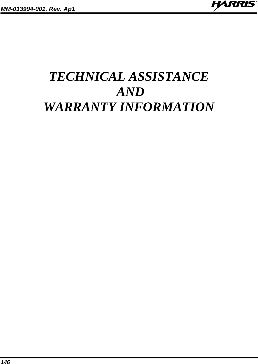 MM-013994-001, Rev. Ap1  146 TECHNICAL ASSISTANCE  AND WARRANTY INFORMATION 