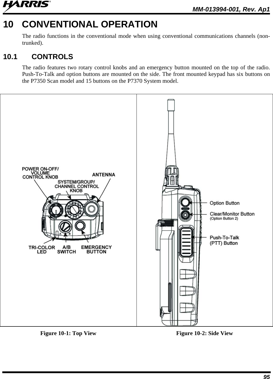  MM-013994-001, Rev. Ap1 95 10 CONVENTIONAL OPERATION The radio functions in the conventional mode when using conventional communications channels (non-trunked).  10.1 CONTROLS The radio features two rotary control knobs and an emergency button mounted on the top of the radio. Push-To-Talk and option buttons are mounted on the side. The front mounted keypad has six buttons on the P7350 Scan model and 15 buttons on the P7370 System model.    Figure 10-1: Top View  Figure 10-2: Side View 