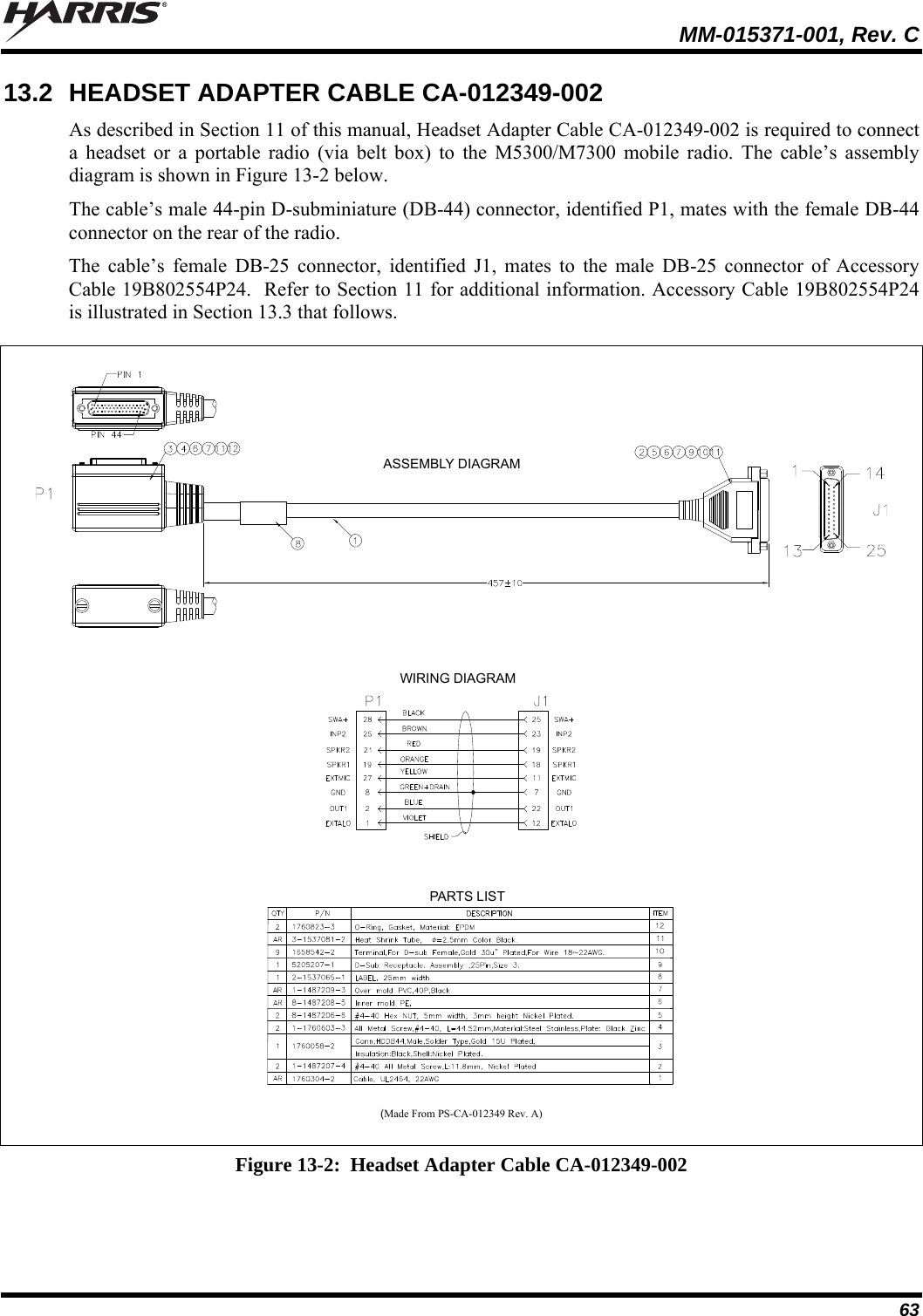   MM-015371-001, Rev. C 63 13.2  HEADSET ADAPTER CABLE CA-012349-002 As described in Section 11 of this manual, Headset Adapter Cable CA-012349-002 is required to connect a headset or a portable radio (via belt box) to the M5300/M7300 mobile radio. The cable’s assembly diagram is shown in Figure 13-2 below. The cable’s male 44-pin D-subminiature (DB-44) connector, identified P1, mates with the female DB-44 connector on the rear of the radio. The cable’s female DB-25 connector, identified J1, mates to the male DB-25 connector of Accessory Cable 19B802554P24.  Refer to Section 11 for additional information. Accessory Cable 19B802554P24 is illustrated in Section 13.3 that follows.  ASSEMBLY DIAGRAMWIRING DIAGRAMPARTS LIST  (Made From PS-CA-012349 Rev. A)  Figure 13-2:  Headset Adapter Cable CA-012349-002  