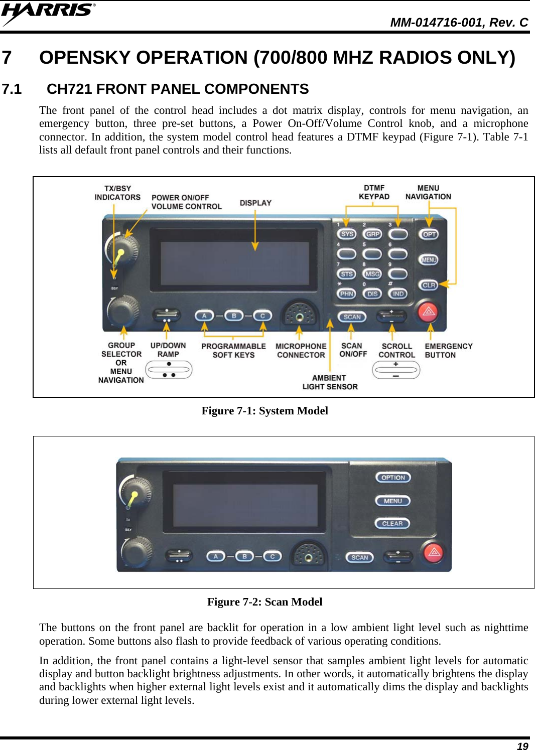  MM-014716-001, Rev. C 19 7  OPENSKY OPERATION (700/800 MHZ RADIOS ONLY) 7.1  CH721 FRONT PANEL COMPONENTS The front panel of the control head includes a dot matrix display, controls for menu navigation, an emergency button, three pre-set buttons, a Power On-Off/Volume Control knob, and a microphone connector. In addition, the system model control head features a DTMF keypad (Figure 7-1). Table 7-1 lists all default front panel controls and their functions.   Figure 7-1: System Model    Figure 7-2: Scan Model The buttons on the front panel are backlit for operation in a low ambient light level such as nighttime operation. Some buttons also flash to provide feedback of various operating conditions. In addition, the front panel contains a light-level sensor that samples ambient light levels for automatic display and button backlight brightness adjustments. In other words, it automatically brightens the display and backlights when higher external light levels exist and it automatically dims the display and backlights during lower external light levels. 