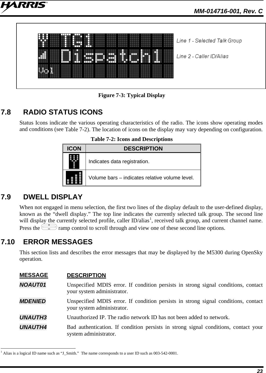  MM-014716-001, Rev. C 23    Figure 7-3: Typical Display 7.8  RADIO STATUS ICONS Status Icons indicate the various operating characteristics of the radio. The icons show operating modes and conditions (see Table 7-2). The location of icons on the display may vary depending on configuration. Table 7-2: Icons and Descriptions ICON  DESCRIPTION  Indicates data registration.  Volume bars – indicates relative volume level. 7.9 DWELL DISPLAY When not engaged in menu selection, the first two lines of the display default to the user-defined display, known as the “dwell display.” The top line indicates the currently selected talk group. The second line will display the currently selected profile, caller ID/alias1, received talk group, and current channel name. Press the   ramp control to scroll through and view one of these second line options.  7.10 ERROR MESSAGES This section lists and describes the error messages that may be displayed by the M5300 during OpenSky operation.  MESSAGE DESCRIPTION NOAUT01  Unspecified MDIS error. If condition persists in strong signal conditions, contact your system administrator. MDENIED   Unspecified MDIS error. If condition persists in strong signal conditions, contact your system administrator. UNAUTH3  Unauthorized IP. The radio network ID has not been added to network. UNAUTH4  Bad authentication. If condition persists in strong signal conditions, contact your system administrator.                                                            1 Alias is a logical ID name such as “J_Smith.”  The name corresponds to a user ID such as 003-542-0001. 