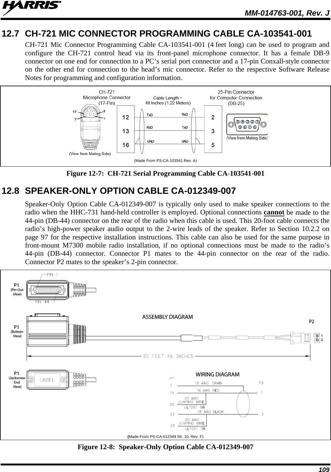  MM-014763-001, Rev. J 109 12.7 CH-721 MIC CONNECTOR PROGRAMMING CABLE CA-103541-001 CH-721 Mic Connector Programming Cable CA-103541-001 (4 feet long) can be used to program and configure the CH-721 control head via  its  front-panel  microphone connector. It has a female DB-9 connector on one end for connection to a PC’s serial port connector and a 17-pin Conxall-style connector on the other end for connection to the head’s mic connector. Refer to the respective Software Release Notes for programming and configuration information.  (Made From PS-CA-103541 Rev. A) Figure 12-7:  CH-721 Serial Programming Cable CA-103541-001  12.8 SPEAKER-ONLY OPTION CABLE CA-012349-007 Speaker-Only Option Cable CA-012349-007 is typically only used to make speaker connections to the radio when the HHC-731 hand-held controller is employed. Optional connections cannot be made to the 44-pin (DB-44) connector on the rear of the radio when this cable is used. This 20-foot cable connects the radio’s high-power speaker audio output to the 2-wire leads of the speaker. Refer to Section 10.2.2 on page 97 for the respective installation instructions. This cable can also be used for the same purpose in front-mount M7300 mobile radio installation, if no optional connections must be made to the radio’s 44-pin (DB-44) connector.  Connector P1 mates to the 44-pin connector on the rear of the radio. Connector P2 mates to the speaker’s 2-pin connector.  (Made From PS-CA-012349 Sh. 10, Rev. F) Figure 12-8:  Speaker-Only Option Cable CA-012349-007 P1ASSEMBLY DIAGRAMWIRING DIAGRAMP212(Pin-OutView)P1(BottomView)P1(JackscrewEndView)