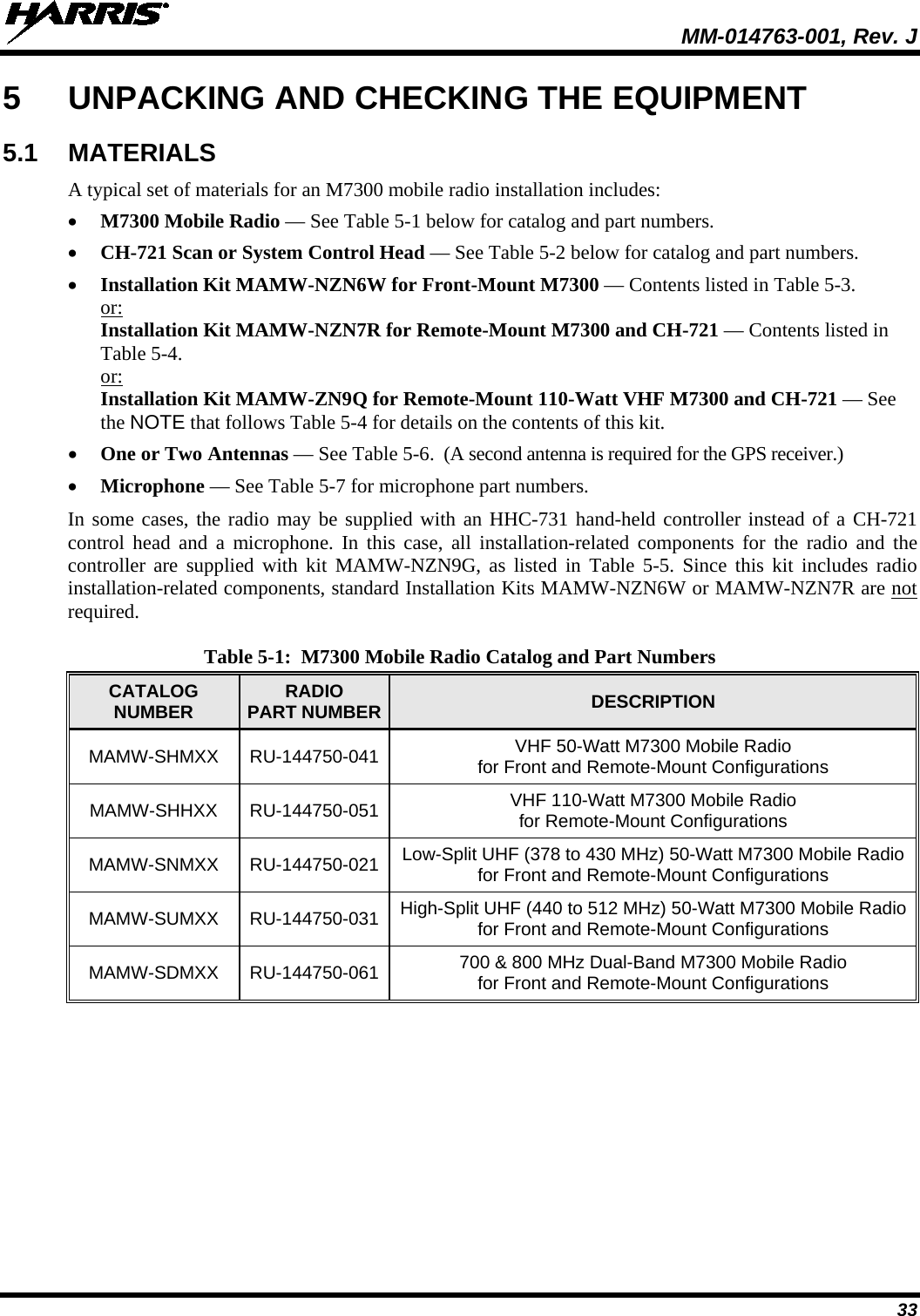  MM-014763-001, Rev. J 33 5  UNPACKING AND CHECKING THE EQUIPMENT 5.1 MATERIALS A typical set of materials for an M7300 mobile radio installation includes: • M7300 Mobile Radio — See Table 5-1 below for catalog and part numbers. • CH-721 Scan or System Control Head — See Table 5-2 below for catalog and part numbers. • Installation Kit MAMW-NZN6W for Front-Mount M7300 — Contents listed in Table 5-3. or: Installation Kit MAMW-NZN7R for Remote-Mount M7300 and CH-721 — Contents listed in Table 5-4. or: Installation Kit MAMW-ZN9Q for Remote-Mount 110-Watt VHF M7300 and CH-721 — See the NOTE that follows Table 5-4 for details on the contents of this kit. • One or Two Antennas — See Table 5-6.  (A second antenna is required for the GPS receiver.) • Microphone — See Table 5-7 for microphone part numbers. In some cases, the radio may be supplied with an HHC-731 hand-held controller instead of a CH-721 control head and a microphone. In this case, all installation-related components for the radio and the controller are supplied with kit MAMW-NZN9G,  as listed in Table  5-5.  Since this kit includes radio installation-related components, standard Installation Kits MAMW-NZN6W or MAMW-NZN7R are not required. Table 5-1:  M7300 Mobile Radio Catalog and Part Numbers CATALOG NUMBER RADIO PART NUMBER DESCRIPTION MAMW-SHMXX RU-144750-041  VHF 50-Watt M7300 Mobile Radio for Front and Remote-Mount Configurations MAMW-SHHXX RU-144750-051  VHF 110-Watt M7300 Mobile Radio for Remote-Mount Configurations MAMW-SNMXX RU-144750-021 Low-Split UHF (378 to 430 MHz) 50-Watt M7300 Mobile Radio for Front and Remote-Mount Configurations MAMW-SUMXX RU-144750-031 High-Split UHF (440 to 512 MHz) 50-Watt M7300 Mobile Radio for Front and Remote-Mount Configurations MAMW-SDMXX RU-144750-061  700 &amp; 800 MHz Dual-Band M7300 Mobile Radio for Front and Remote-Mount Configurations 