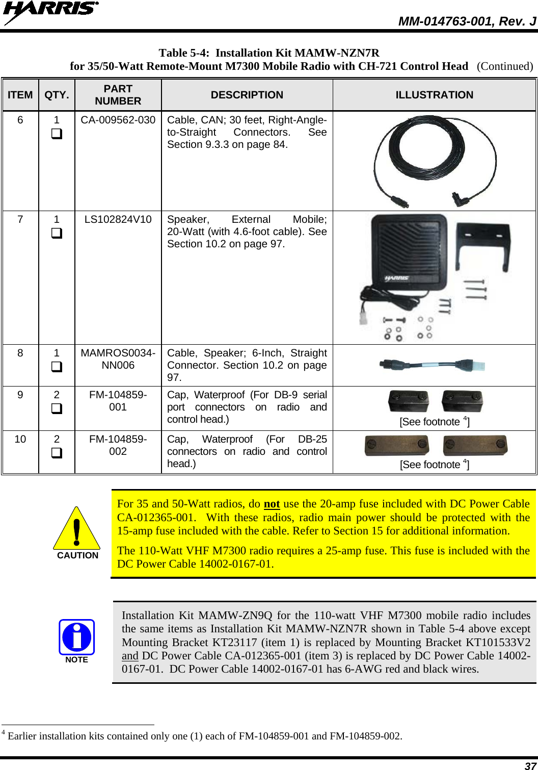  MM-014763-001, Rev. J 37 Table 5-4:  Installation Kit MAMW-NZN7R for 35/50-Watt Remote-Mount M7300 Mobile Radio with CH-721 Control Head ITEM QTY. PART NUMBER DESCRIPTION  ILLUSTRATION 6  1  CA-009562-030 Cable, CAN; 30 feet, Right-Angle-to-Straight Connectors. See Section 9.3.3 on page 84.  7  1  LS102824V10 Speaker, External Mobile; 20-Watt (with 4.6-foot cable). See Section 10.2 on page 97.  8  1  MAMROS0034-NN006 Cable, Speaker; 6-Inch, Straight Connector. Section 10.2 on page 97.  9  2  FM-104859-001 Cap, Waterproof (For DB-9 serial port connectors on radio and control head.)       [See footnote 4] 10 2  FM-104859-002 Cap, Waterproof (For DB-25 connectors on radio and control head.)       [See footnote 4]   For 35 and 50-Watt radios, do not use the 20-amp fuse included with DC Power Cable CA-012365-001.  With these radios, radio main power should be protected with the 15-amp fuse included with the cable. Refer to Section 15 for additional information. The 110-Watt VHF M7300 radio requires a 25-amp fuse. This fuse is included with the DC Power Cable 14002-0167-01.     Installation Kit MAMW-ZN9Q for the 110-watt VHF M7300 mobile radio includes the same items as Installation Kit MAMW-NZN7R shown in Table 5-4 above except Mounting Bracket KT23117 (item 1) is replaced by Mounting Bracket KT101533V2 and DC Power Cable CA-012365-001 (item 3) is replaced by DC Power Cable 14002-0167-01.  DC Power Cable 14002-0167-01 has 6-AWG red and black wires.                                                             4 Earlier installation kits contained only one (1) each of FM-104859-001 and FM-104859-002. CAUTIONNOTE (Continued) 