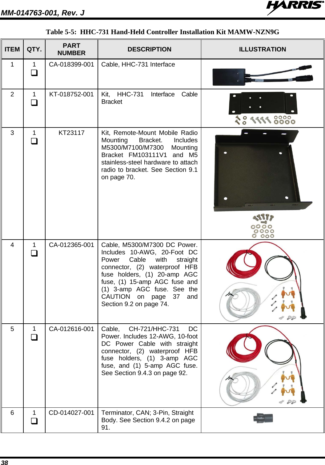 MM-014763-001, Rev. J   38 Table 5-5:  HHC-731 Hand-Held Controller Installation Kit MAMW-NZN9G ITEM QTY. PART NUMBER DESCRIPTION  ILLUSTRATION 1  1  CA-018399-001 Cable, HHC-731 Interface  2  1  KT-018752-001 Kit, HHC-731 Interface Cable Bracket  3  1  KT23117 Kit, Remote-Mount Mobile Radio Mounting Bracket. Includes M5300/M7100/M7300 Mounting Bracket FM103111V1 and M5 stainless-steel hardware to attach radio to bracket. See Section 9.1 on page 70.  4  1  CA-012365-001 Cable, M5300/M7300 DC Power. Includes 10-AWG, 20-Foot DC Power Cable with straight connector, (2) waterproof HFB fuse holders, (1) 20-amp AGC fuse, (1) 15-amp AGC fuse and (1) 3-amp AGC fuse. See the CAUTION  on page 37 and Section 9.2 on page 74.  5  1  CA-012616-001 Cable, CH-721/HHC-731 DC Power. Includes 12-AWG, 10-foot DC Power Cable with straight connector, (2) waterproof HFB fuse holders, (1)  3-amp AGC fuse, and (1) 5-amp AGC fuse. See Section 9.4.3 on page 92.  6  1  CD-014027-001 Terminator, CAN; 3-Pin, Straight Body. See Section 9.4.2 on page 91.      