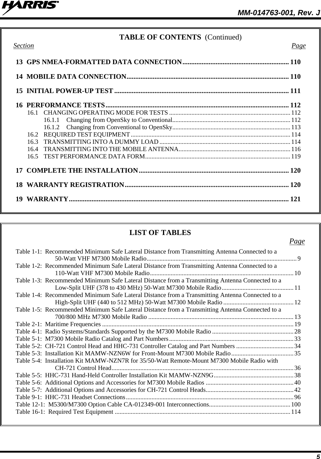  MM-014763-001, Rev. J 5 TABLE OF CONTENTS Section Page 13 GPS NMEA-FORMATTED DATA CONNECTION ............................................................. 110 14 MOBILE DATA CONNECTION ............................................................................................. 110 15 INITIAL POWER-UP TEST .................................................................................................... 111 16 PERFORMANCE TESTS ......................................................................................................... 112 16.1 CHANGING OPERATING MODE FOR TESTS ............................................................................ 112 16.1.1 Changing from OpenSky to Conventional.......................................................................... 112 16.1.2 Changing from Conventional to OpenSky.......................................................................... 113 16.2 REQUIRED TEST EQUIPMENT .................................................................................................... 114 16.3 TRANSMITTING INTO A DUMMY LOAD .................................................................................. 114 16.4 TRANSMITTING INTO THE MOBILE ANTENNA ...................................................................... 116 16.5 TEST PERFORMANCE DATA FORM ........................................................................................... 119 17 COMPLETE THE INSTALLATION ...................................................................................... 120 18 WARRANTY REGISTRATION .............................................................................................. 120 19 WARRANTY .............................................................................................................................. 121    LIST OF TABLES Page Table 1-1:  Recommended Minimum Safe Lateral Distance from Transmitting Antenna Connected to a 50-Watt VHF M7300 Mobile Radio .............................................................................................. 9 Table 1-2:  Recommended Minimum Safe Lateral Distance from Transmitting Antenna Connected to a 110-Watt VHF M7300 Mobile Radio .......................................................................................... 10 Table 1-3:  Recommended Minimum Safe Lateral Distance from a Transmitting Antenna Connected to a Low-Split UHF (378 to 430 MHz) 50-Watt M7300 Mobile Radio ............................................. 11 Table 1-4:  Recommended Minimum Safe Lateral Distance from a Transmitting Antenna Connected to a High-Split UHF (440 to 512 MHz) 50-Watt M7300 Mobile Radio ............................................ 12 Table 1-5:  Recommended Minimum Safe Lateral Distance from a Transmitting Antenna Connected to a 700/800 MHz M7300 Mobile Radio ........................................................................................... 13 Table 2-1:  Maritime Frequencies ........................................................................................................................ 19 Table 4-1:  Radio Systems/Standards Supported by the M7300 Mobile Radio ................................................... 28 Table 5-1:  M7300 Mobile Radio Catalog and Part Numbers .............................................................................. 33 Table 5-2:  CH-721 Control Head and HHC-731 Controller Catalog and Part Numbers .................................... 34 Table 5-3:  Installation Kit MAMW-NZN6W for Front-Mount M7300 Mobile Radio ....................................... 35 Table 5-4:  Installation Kit MAMW-NZN7R for 35/50-Watt Remote-Mount M7300 Mobile Radio with CH-721 Control Head .................................................................................................................. 36 Table 5-5:  HHC-731 Hand-Held Controller Installation Kit MAMW-NZN9G .................................................. 38 Table 5-6:  Additional Options and Accessories for M7300 Mobile Radios ....................................................... 40 Table 5-7:  Additional Options and Accessories for CH-721 Control Heads ....................................................... 42 Table 9-1:  HHC-731 Headset Connections ......................................................................................................... 96 Table 12-1:  M5300/M7300 Option Cable CA-012349-001 Interconnections ................................................... 100 Table 16-1:  Required Test Equipment .............................................................................................................. 114   (Continued) 