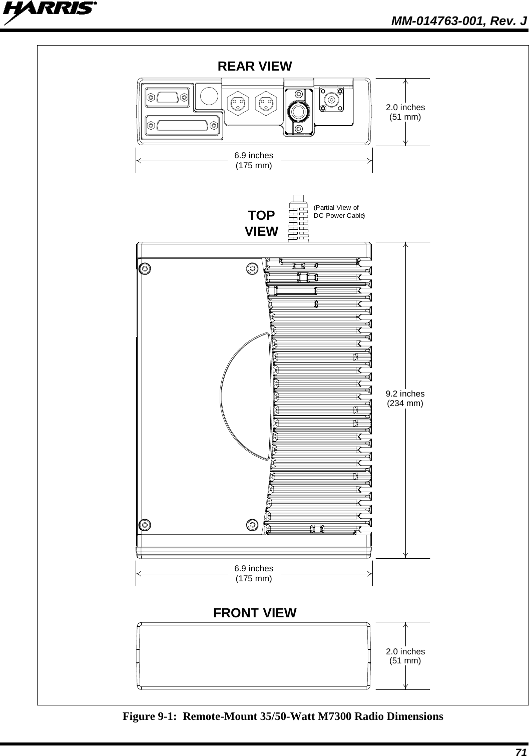  MM-014763-001, Rev. J 71    Figure 9-1:  Remote-Mount 35/50-Watt M7300 Radio Dimensions REAR VIEWFRONT VIEW2.0 inches(51 mm)2.0 inches(51 mm)6.9 inches(175 mm)6.9 inches(175 mm)TOPVIEW(Partial View ofDC Power Cable)9.2 inches(234 mm)