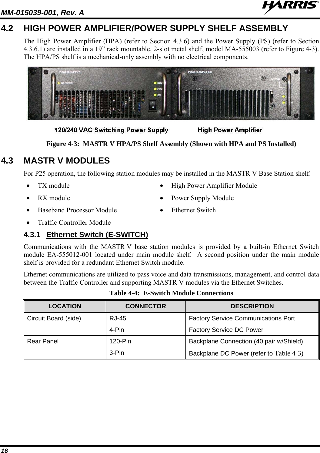 MM-015039-001, Rev. A   16 4.2  HIGH POWER AMPLIFIER/POWER SUPPLY SHELF ASSEMBLY The High Power Amplifier (HPA) (refer to Section 4.3.6) and the Power Supply (PS) (refer to Section 4.3.6.1) are installed in a 19” rack mountable, 2-slot metal shelf, model MA-555003 (refer to Figure 4-3).  The HPA/PS shelf is a mechanical-only assembly with no electrical components.  Figure 4-3:  MASTR V HPA/PS Shelf Assembly (Shown with HPA and PS Installed) 4.3 MASTR V MODULES For P25 operation, the following station modules may be installed in the MASTR V Base Station shelf: • TX module • RX module • Baseband Processor Module • Traffic Controller Module • High Power Amplifier Module • Power Supply Module • Ethernet Switch 4.3.1 Ethernet Switch (E-SWITCH) Communications with the MASTR V base station modules is provided by a built-in Ethernet Switch module EA-555012-001 located under main module shelf.  A second position under the main module shelf is provided for a redundant Ethernet Switch module. Ethernet communications are utilized to pass voice and data transmissions, management, and control data between the Traffic Controller and supporting MASTR V modules via the Ethernet Switches.   Table 4-4:  E-Switch Module Connections LOCATION  CONNECTOR   DESCRIPTION RJ-45  Factory Service Communications Port Circuit Board (side) 4-Pin  Factory Service DC Power  120-Pin  Backplane Connection (40 pair w/Shield) Rear Panel 3-Pin  Backplane DC Power (refer to Table 4-3)  
