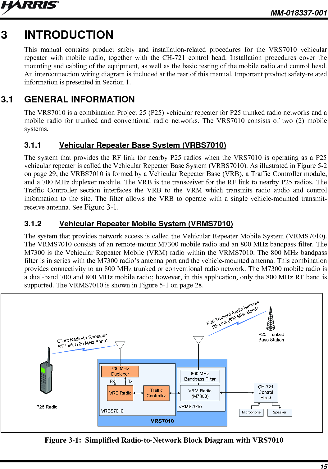  MM-018337-001 15 3  INTRODUCTION This manual contains product safety and installation-related procedures for the VRS7010 vehicular repeater with mobile radio, together with the CH-721 control head. Installation procedures cover the mounting and cabling of the equipment, as well as the basic testing of the mobile radio and control head. An interconnection wiring diagram is included at the rear of this manual. Important product safety-related information is presented in Section 1. 3.1  GENERAL INFORMATION The VRS7010 is a combination Project 25 (P25) vehicular repeater for P25 trunked radio networks and a mobile radio for trunked and conventional radio networks. The VRS7010 consists of two (2) mobile systems. 3.1.1  Vehicular Repeater Base System (VRBS7010) The system that provides the RF link for nearby P25 radios when the VRS7010 is operating as a P25 vehicular repeater is called the Vehicular Repeater Base System (VRBS7010). As illustrated in Figure 5-2 on page 29, the VRBS7010 is formed by a Vehicular Repeater Base (VRB), a Traffic Controller module, and a 700 MHz duplexer module. The VRB is the transceiver for the RF link to nearby P25 radios. The Traffic Controller section interfaces the VRB to the VRM which transmits radio audio and control information to the site. The filter allows the VRB to operate with a single vehicle-mounted transmit-receive antenna. See Figure 3-1. 3.1.2  Vehicular Repeater Mobile System (VRMS7010) The system that provides network access is called the Vehicular Repeater Mobile System (VRMS7010). The VRMS7010 consists of an remote-mount M7300 mobile radio and an 800 MHz bandpass filter. The M7300 is the Vehicular Repeater Mobile (VRM) radio within the VRMS7010. The 800 MHz bandpass filter is in series with the M7300 radio’s antenna port and the vehicle-mounted antenna. This combination provides connectivity to an 800 MHz trunked or conventional radio network. The M7300 mobile radio is a dual-band 700 and 800 MHz mobile radio; however, in this application, only the 800 MHz RF band is supported. The VRMS7010 is shown in Figure 5-1 on page 28.   Figure 3-1:  Simplified Radio-to-Network Block Diagram with VRS7010 