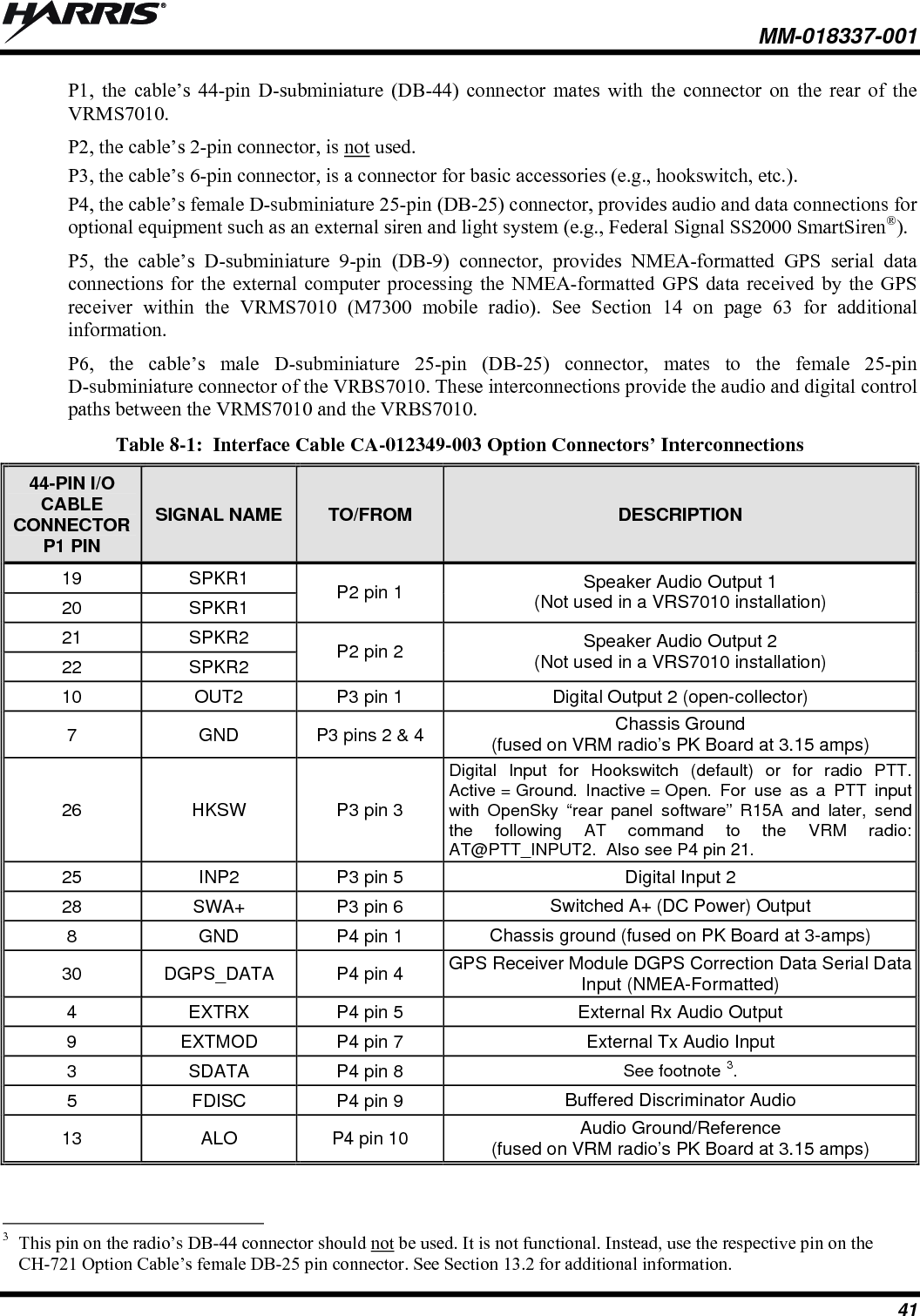  MM-018337-001 41 P1, the cable’s 44-pin D-subminiature (DB-44) connector mates with the connector on the rear of the VRMS7010. P2, the cable’s 2-pin connector, is not used. P3, the cable’s 6-pin connector, is a connector for basic accessories (e.g., hookswitch, etc.). P4, the cable’s female D-subminiature 25-pin (DB-25) connector, provides audio and data connections for optional equipment such as an external siren and light system (e.g., Federal Signal SS2000 SmartSiren®). P5, the cable’s D-subminiature 9-pin (DB-9) connector, provides NMEA-formatted GPS serial data connections for the external computer processing the NMEA-formatted GPS data received by the GPS receiver within the VRMS7010 (M7300 mobile radio). See Section 14 on page 63 for additional information. P6, the cable’s male D-subminiature 25-pin (DB-25) connector, mates to the female 25-pin D-subminiature connector of the VRBS7010. These interconnections provide the audio and digital control paths between the VRMS7010 and the VRBS7010.  Table 8-1:  Interface Cable CA-012349-003 Option Connectors’ Interconnections 44-PIN I/O CABLE CONNECTOR P1 PIN SIGNAL NAME  TO/FROM  DESCRIPTION 19 SPKR1 20 SPKR1 P2 pin 1  Speaker Audio Output 1 (Not used in a VRS7010 installation) 21 SPKR2 22 SPKR2 P2 pin 2  Speaker Audio Output 2 (Not used in a VRS7010 installation) 10  OUT2  P3 pin 1  Digital Output 2 (open-collector) 7  GND  P3 pins 2 &amp; 4  Chassis Ground (fused on VRM radio’s PK Board at 3.15 amps) 26  HKSW  P3 pin 3 Digital Input for Hookswitch (default) or for radio PTT. Active = Ground. Inactive = Open. For use as a PTT input with OpenSky “rear panel software” R15A and later, send the following AT command to the VRM radio:AT@PTT_INPUT2.  Also see P4 pin 21. 25  INP2  P3 pin 5  Digital Input 2 28  SWA+  P3 pin 6  Switched A+ (DC Power) Output 8  GND  P4 pin 1  Chassis ground (fused on PK Board at 3-amps) 30  DGPS_DATA  P4 pin 4  GPS Receiver Module DGPS Correction Data Serial Data Input (NMEA-Formatted) 4  EXTRX  P4 pin 5  External Rx Audio Output 9  EXTMOD  P4 pin 7  External Tx Audio Input 3  SDATA  P4 pin 8  See footnote 3. 5  FDISC  P4 pin 9  Buffered Discriminator Audio 13  ALO  P4 pin 10  Audio Ground/Reference (fused on VRM radio’s PK Board at 3.15 amps)                                                            3  This pin on the radio’s DB-44 connector should not be used. It is not functional. Instead, use the respective pin on the CH-721 Option Cable’s female DB-25 pin connector. See Section 13.2 for additional information. 