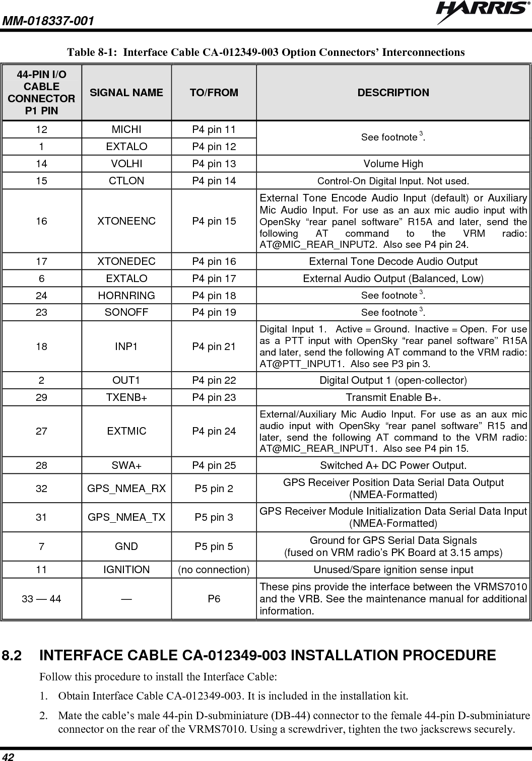 MM-018337-001   42 Table 8-1:  Interface Cable CA-012349-003 Option Connectors’ Interconnections 44-PIN I/O CABLE CONNECTOR P1 PIN SIGNAL NAME  TO/FROM  DESCRIPTION 12  MICHI  P4 pin 11 1  EXTALO  P4 pin 12  See footnote 3. 14  VOLHI  P4 pin 13  Volume High  15  CTLON  P4 pin 14  Control-On Digital Input. Not used. 16  XTONEENC  P4 pin 15 External Tone Encode Audio Input (default) or Auxiliary Mic Audio Input. For use as an aux mic audio input with OpenSky “rear panel software” R15A and later, send the following AT command to the VRM radio: AT@MIC_REAR_INPUT2.  Also see P4 pin 24. 17  XTONEDEC  P4 pin 16  External Tone Decode Audio Output 6  EXTALO  P4 pin 17  External Audio Output (Balanced, Low) 24  HORNRING  P4 pin 18  See footnote 3. 23  SONOFF  P4 pin 19  See footnote 3. 18  INP1  P4 pin 21 Digital Input 1.  Active = Ground. Inactive = Open. For use as a PTT input with OpenSky “rear panel software” R15A and later, send the following AT command to the VRM radio: AT@PTT_INPUT1.  Also see P3 pin 3. 2  OUT1  P4 pin 22  Digital Output 1 (open-collector) 29  TXENB+  P4 pin 23  Transmit Enable B+. 27  EXTMIC  P4 pin 24 External/Auxiliary Mic Audio Input. For use as an aux mic audio input with OpenSky “rear panel software” R15 and later, send the following AT command to the VRM radio: AT@MIC_REAR_INPUT1.  Also see P4 pin 15. 28  SWA+  P4 pin 25  Switched A+ DC Power Output. 32  GPS_NMEA_RX  P5 pin 2  GPS Receiver Position Data Serial Data Output (NMEA-Formatted) 31  GPS_NMEA_TX  P5 pin 3  GPS Receiver Module Initialization Data Serial Data Input (NMEA-Formatted) 7  GND  P5 pin 5  Ground for GPS Serial Data Signals (fused on VRM radio’s PK Board at 3.15 amps) 11  IGNITION  (no connection)  Unused/Spare ignition sense input 33 — 44  —  P6  These pins provide the interface between the VRMS7010and the VRB. See the maintenance manual for additional information. 8.2  INTERFACE CABLE CA-012349-003 INSTALLATION PROCEDURE Follow this procedure to install the Interface Cable: 1. Obtain Interface Cable CA-012349-003. It is included in the installation kit. 2. Mate the cable’s male 44-pin D-subminiature (DB-44) connector to the female 44-pin D-subminiature connector on the rear of the VRMS7010. Using a screwdriver, tighten the two jackscrews securely. 