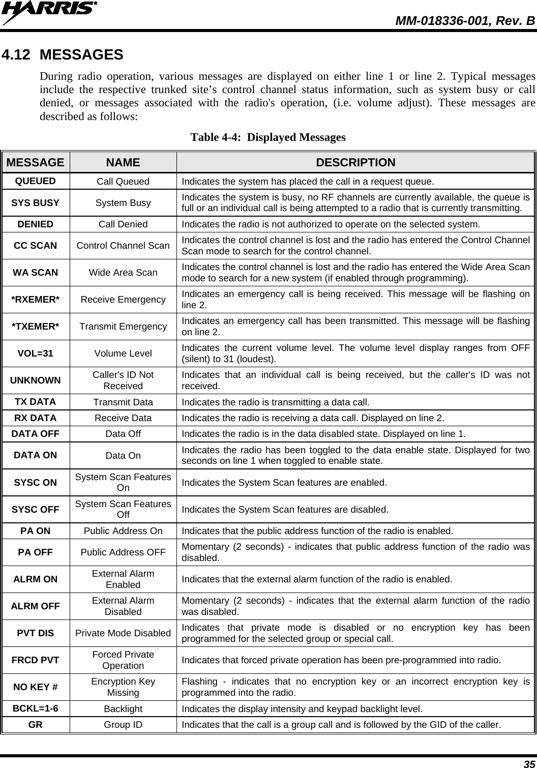  MM-018336-001, Rev. B 35 4.12 MESSAGES During radio operation, various messages are displayed on either line 1 or line 2. Typical messages include  the respective trunked site’s  control channel status information, such as system busy or call denied, or messages associated with the radio&apos;s operation, (i.e. volume adjust). These messages are described as follows:  Table 4-4:  Displayed Messages MESSAGE NAME  DESCRIPTION QUEUED Call Queued Indicates the system has placed the call in a request queue. SYS BUSY System Busy Indicates the system is busy, no RF channels are currently available, the queue is full or an individual call is being attempted to a radio that is currently transmitting. DENIED Call Denied Indicates the radio is not authorized to operate on the selected system. CC SCAN Control Channel Scan Indicates the control channel is lost and the radio has entered the Control Channel Scan mode to search for the control channel. WA SCAN Wide Area Scan Indicates the control channel is lost and the radio has entered the Wide Area Scan mode to search for a new system (if enabled through programming). *RXEMER*  Receive Emergency Indicates an emergency call is being received. This message will be flashing on line 2. *TXEMER*  Transmit Emergency Indicates an emergency call has been transmitted. This message will be flashing on line 2. VOL=31 Volume Level Indicates the current volume level. The volume level display ranges from OFF (silent) to 31 (loudest). UNKNOWN Caller&apos;s ID Not Received Indicates that an individual call is being received, but the caller&apos;s ID was not received. TX DATA Transmit Data Indicates the radio is transmitting a data call. RX DATA Receive Data Indicates the radio is receiving a data call. Displayed on line 2. DATA OFF Data Off Indicates the radio is in the data disabled state. Displayed on line 1. DATA ON Data On Indicates the radio has been toggled to the data enable state. Displayed for two seconds on line 1 when toggled to enable state. SYSC ON System Scan Features On  Indicates the System Scan features are enabled. SYSC OFF System Scan Features Off Indicates the System Scan features are disabled. PA ON Public Address On  Indicates that the public address function of the radio is enabled. PA OFF Public Address OFF Momentary (2 seconds) - indicates that public address function of the radio was disabled. ALRM ON External Alarm Enabled Indicates that the external alarm function of the radio is enabled. ALRM OFF External Alarm Disabled Momentary (2 seconds) -  indicates that the external alarm function of the radio was disabled. PVT DIS Private Mode Disabled Indicates that private mode is disabled or no encryption key has been programmed for the selected group or special call. FRCD PVT Forced Private Operation Indicates that forced private operation has been pre-programmed into radio. NO KEY # Encryption Key Missing Flashing  -  indicates that no encryption key or an incorrect encryption key is programmed into the radio. BCKL=1-6  Backlight Indicates the display intensity and keypad backlight level. GR Group ID Indicates that the call is a group call and is followed by the GID of the caller. 