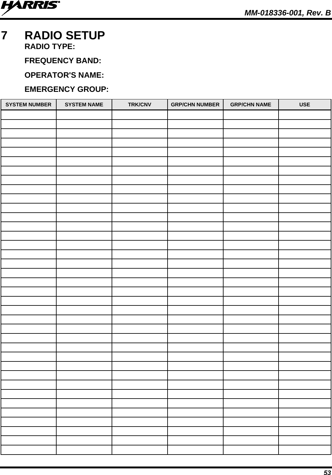  MM-018336-001, Rev. B 53 7  RADIO SETUP RADIO TYPE: FREQUENCY BAND: OPERATOR&apos;S NAME: EMERGENCY GROUP:  SYSTEM NUMBER SYSTEM NAME  TRK/CNV  GRP/CHN NUMBER  GRP/CHN NAME  USE                                                                                                                                                                                                                                                                                                                                                                                                                        