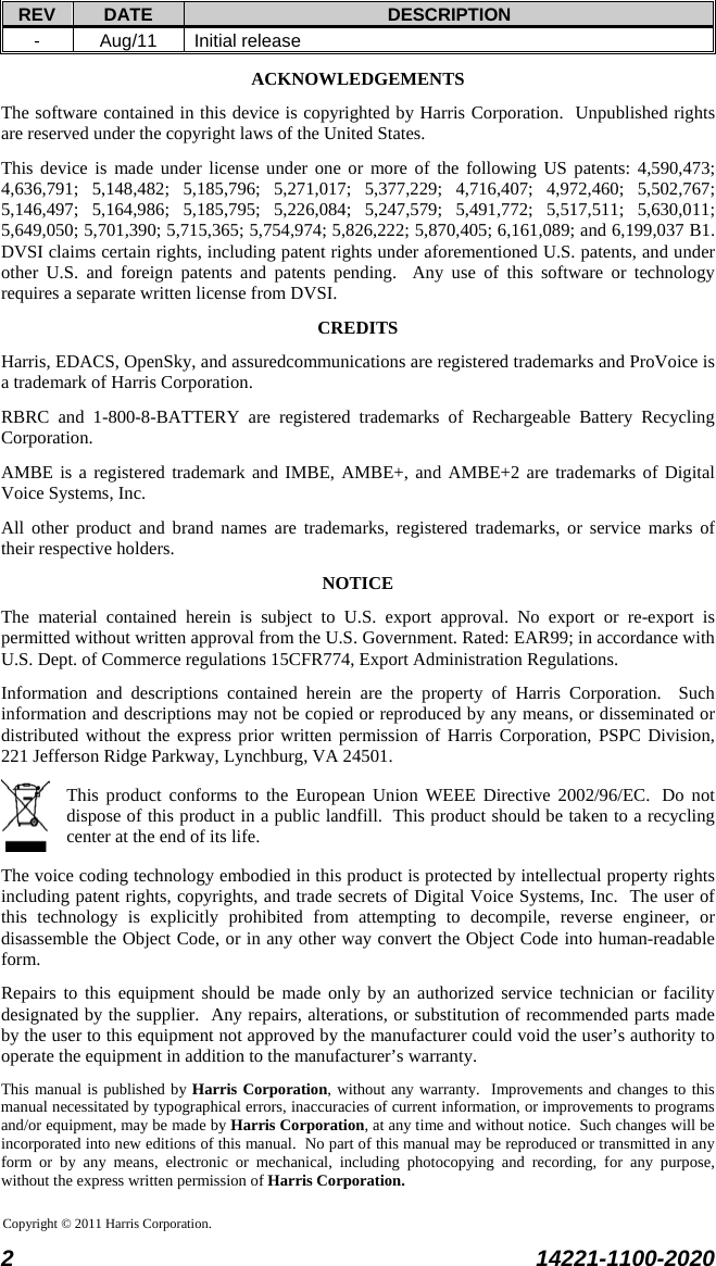  2 14221-1100-2020  REV DATE DESCRIPTION - Aug/11 Initial release ACKNOWLEDGEMENTS The software contained in this device is copyrighted by Harris Corporation.  Unpublished rights are reserved under the copyright laws of the United States. This device is made under license under one or more of the following US patents: 4,590,473; 4,636,791; 5,148,482; 5,185,796; 5,271,017; 5,377,229; 4,716,407; 4,972,460; 5,502,767; 5,146,497; 5,164,986; 5,185,795; 5,226,084; 5,247,579; 5,491,772; 5,517,511; 5,630,011; 5,649,050; 5,701,390; 5,715,365; 5,754,974; 5,826,222; 5,870,405; 6,161,089; and 6,199,037 B1.  DVSI claims certain rights, including patent rights under aforementioned U.S. patents, and under other U.S. and foreign patents and patents pending.  Any use of this software or technology requires a separate written license from DVSI. CREDITS Harris, EDACS, OpenSky, and assuredcommunications are registered trademarks and ProVoice is a trademark of Harris Corporation.  RBRC and 1-800-8-BATTERY are registered trademarks of Rechargeable Battery Recycling Corporation. AMBE is a registered trademark and IMBE, AMBE+, and AMBE+2 are trademarks of Digital Voice Systems, Inc. All other product and brand names are trademarks, registered trademarks, or service marks of their respective holders. NOTICE The material contained herein is subject to U.S. export approval. No export or re-export is permitted without written approval from the U.S. Government. Rated: EAR99; in accordance with U.S. Dept. of Commerce regulations 15CFR774, Export Administration Regulations. Information and descriptions contained herein are the property of Harris Corporation.  Such information and descriptions may not be copied or reproduced by any means, or disseminated or distributed without the express prior written permission of Harris Corporation, PSPC Division, 221 Jefferson Ridge Parkway, Lynchburg, VA 24501.   This product conforms to the European Union WEEE Directive 2002/96/EC.  Do not dispose of this product in a public landfill.  This product should be taken to a recycling center at the end of its life. The voice coding technology embodied in this product is protected by intellectual property rights including patent rights, copyrights, and trade secrets of Digital Voice Systems, Inc.  The user of this technology is explicitly prohibited from attempting to decompile, reverse engineer, or disassemble the Object Code, or in any other way convert the Object Code into human-readable form. Repairs to this equipment should be made only by an authorized service technician or facility designated by the supplier.  Any repairs, alterations, or substitution of recommended parts made by the user to this equipment not approved by the manufacturer could void the user’s authority to operate the equipment in addition to the manufacturer’s warranty. This manual is published by Harris Corporation, without any warranty.  Improvements and changes to this manual necessitated by typographical errors, inaccuracies of current information, or improvements to programs and/or equipment, may be made by Harris Corporation, at any time and without notice.  Such changes will be incorporated into new editions of this manual.  No part of this manual may be reproduced or transmitted in any form or by any means, electronic or mechanical, including photocopying and recording, for any purpose, without the express written permission of Harris Corporation.  Copyright © 2011 Harris Corporation.   