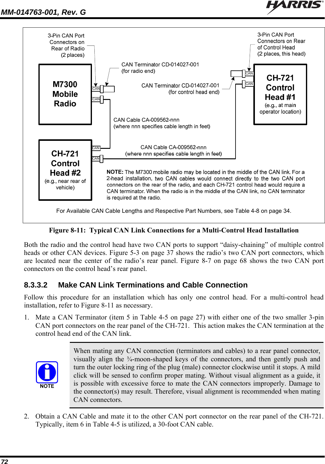 MM-014763-001, Rev. G   72  For Available CAN Cable Lengths and Respective Part Numbers, see Table 4-8 on page 34.  Figure 8-11:  Typical CAN Link Connections for a Multi-Control Head Installation Both the radio and the control head have two CAN ports to support “daisy-chaining” of multiple control heads or other CAN devices. Figure 5-3 on page 37 shows the radio’s two CAN port connectors, which are located near the center of the radio’s rear panel. Figure 8-7 on page 68 shows the two CAN port connectors on the control head’s rear panel. 8.3.3.2  Make CAN Link Terminations and Cable Connection Follow this procedure for an installation which has only one control head. For a multi-control head installation, refer to Figure 8-11 as necessary. 1. Mate a CAN Terminator (item 5 in Table 4-5 on page 27) with either one of the two smaller 3-pin CAN port connectors on the rear panel of the CH-721.  This action makes the CAN termination at the control head end of the CAN link.   When mating any CAN connection (terminators and cables) to a rear panel connector, visually align the ¾-moon-shaped keys of the connectors, and then gently push and turn the outer locking ring of the plug (male) connector clockwise until it stops. A mild click will be sensed to confirm proper mating. Without visual alignment as a guide, it is possible with excessive force to mate the CAN connectors improperly. Damage to the connector(s) may result. Therefore, visual alignment is recommended when mating CAN connectors. 2. Obtain a CAN Cable and mate it to the other CAN port connector on the rear panel of the CH-721. Typically, item 6 in Table 4-5 is utilized, a 30-foot CAN cable. 