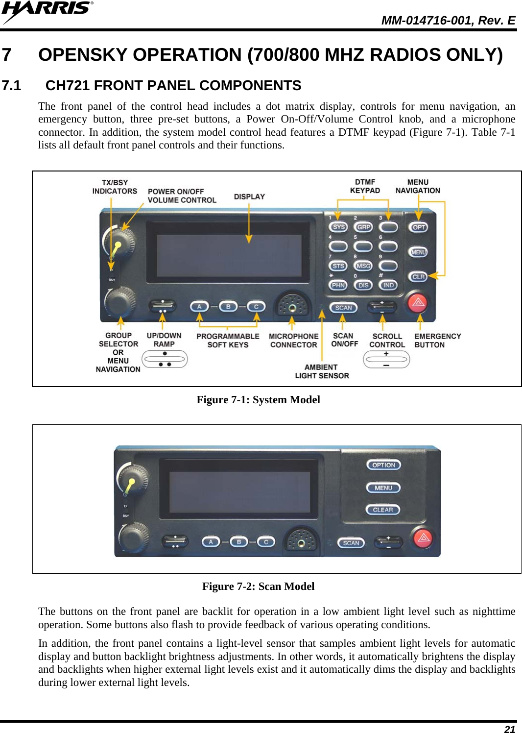  MM-014716-001, Rev. E 21 7  OPENSKY OPERATION (700/800 MHZ RADIOS ONLY) 7.1  CH721 FRONT PANEL COMPONENTS The front panel of the control head includes a dot matrix display, controls for menu navigation, an emergency button, three pre-set buttons, a Power On-Off/Volume Control knob, and a microphone connector. In addition, the system model control head features a DTMF keypad (Figure 7-1). Table 7-1 lists all default front panel controls and their functions.   Figure 7-1: System Model    Figure 7-2: Scan Model The buttons on the front panel are backlit for operation in a low ambient light level such as nighttime operation. Some buttons also flash to provide feedback of various operating conditions. In addition, the front panel contains a light-level sensor that samples ambient light levels for automatic display and button backlight brightness adjustments. In other words, it automatically brightens the display and backlights when higher external light levels exist and it automatically dims the display and backlights during lower external light levels. 