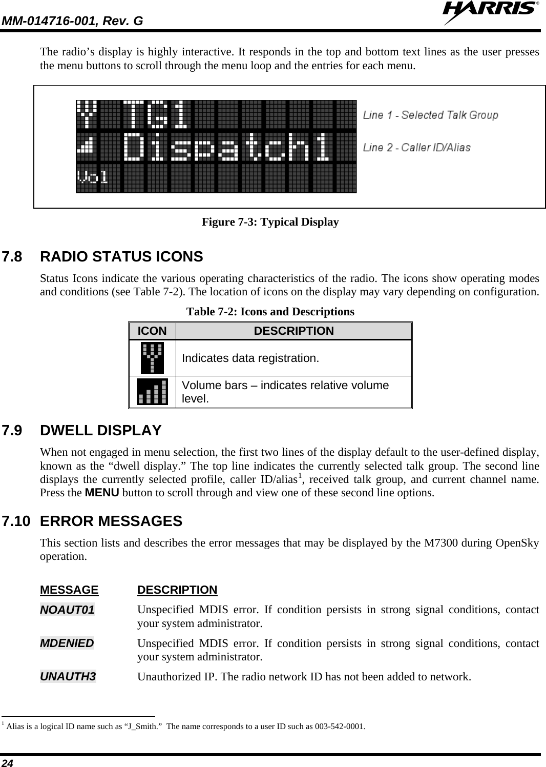 MM-014716-001, Rev. G  24 The radio’s display is highly interactive. It responds in the top and bottom text lines as the user presses the menu buttons to scroll through the menu loop and the entries for each menu.     Figure 7-3: Typical Display 7.8 RADIO STATUS ICONS Status Icons indicate the various operating characteristics of the radio. The icons show operating modes and conditions (see Table 7-2). The location of icons on the display may vary depending on configuration. Table 7-2: Icons and Descriptions ICON DESCRIPTION  Indicates data registration.  Volume bars – indicates relative volume level. 7.9 DWELL DISPLAY When not engaged in menu selection, the first two lines of the display default to the user-defined display, known as the “dwell display.” The top line indicates the currently selected talk group. The second line displays the currently selected profile, caller ID/alias17.10 ERROR MESSAGES , received talk group, and current channel name. Press the MENU button to scroll through and view one of these second line options.  This section lists and describes the error messages that may be displayed by the M7300 during OpenSky operation.  MESSAGE NOAUT01 DESCRIPTION Unspecified MDIS error. If condition persists in strong signal conditions, contact your system administrator. MDENIED  Unspecified MDIS error. If condition persists in strong signal conditions, contact your system administrator. UNAUTH3 Unauthorized IP. The radio network ID has not been added to network.                                                            1 Alias is a logical ID name such as “J_Smith.”  The name corresponds to a user ID such as 003-542-0001. 