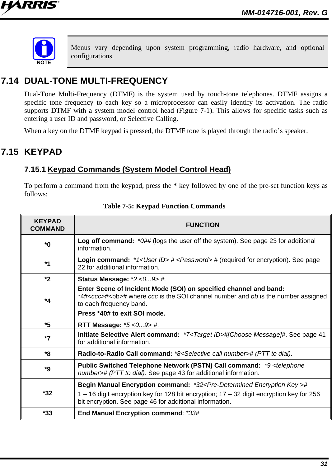  MM-014716-001, Rev. G 31  NOTE Menus vary depending upon system programming, radio hardware, and optional configurations.  7.14 DUAL-TONE MULTI-FREQUENCY Dual-Tone Multi-Frequency (DTMF) is the system used by touch-tone telephones. DTMF assigns a specific tone frequency to each key so a microprocessor can easily identify its activation. The radio supports DTMF with a system model control head (Figure 7-1). This allows for specific tasks such as entering a user ID and password, or Selective Calling. When a key on the DTMF keypad is pressed, the DTMF tone is played through the radio’s speaker. 7.15 KEYPAD 7.15.1 To perform a command from the keypad, press the * key followed by one of the pre-set function keys as follows: Keypad Commands (System Model Control Head) Table 7-5: Keypad Function Commands KEYPAD COMMAND FUNCTION *0 Log off command: *0## (logs the user off the system). See page 23 for additional information. *1 Login command: *1&lt;User ID&gt; # &lt;Password&gt; # (required for encryption). See page 22 for additional information. *2 Status Message: *2 &lt;0...9&gt; #. *4 Enter Scene of Incident Mode (SOI) on specified channel and band: *4#&lt;ccc&gt;#&lt;bb&gt;# where ccc is the SOI channel number and bb is the number assigned to each frequency band.  Press *40# to exit SOI mode. *5 RTT Message: *5 &lt;0...9&gt; #.  *7 Initiate Selective Alert command:  *7&lt;Target ID&gt;#[Choose Message]#. See page 41 for additional information. *8 Radio-to-Radio Call command: *8&lt;Selective call number&gt;# (PTT to dial).  *9 Public Switched Telephone Network (PSTN) Call command:  *9 &lt;telephone number&gt;# (PTT to dial). See page 43 for additional information. *32 Begin Manual Encryption command: *32&lt;Pre-Determined Encryption Key &gt;#  1 – 16 digit encryption key for 128 bit encryption; 17 – 32 digit encryption key for 256 bit encryption. See page 46 for additional information. *33 End Manual Encryption command: *33# 