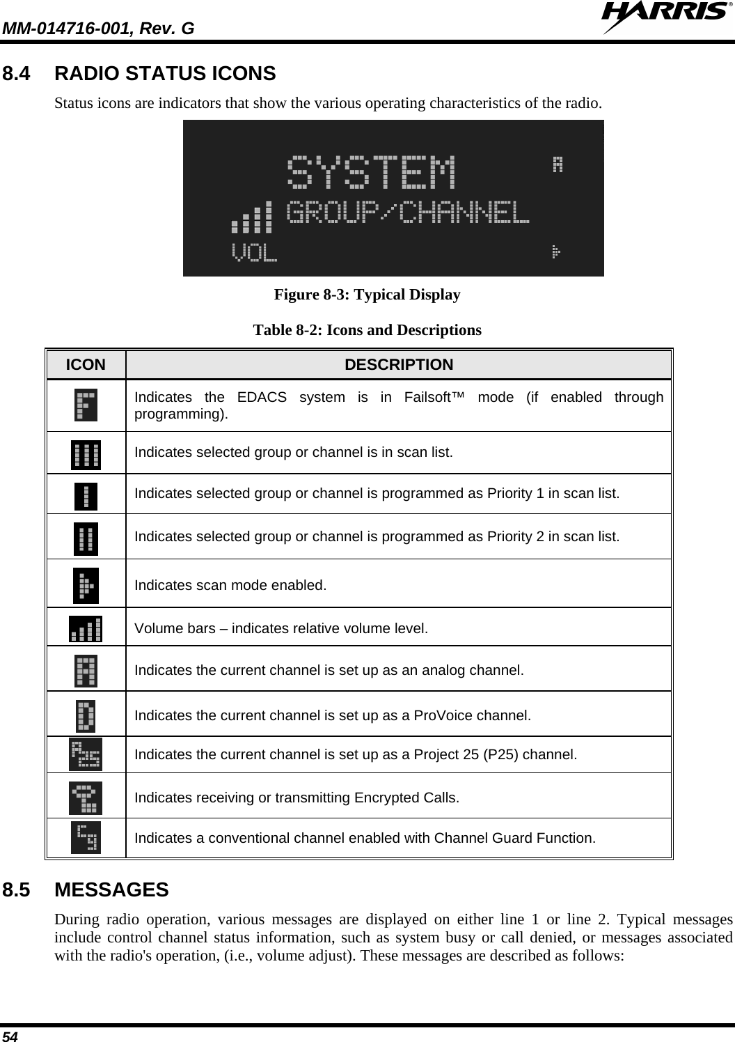 MM-014716-001, Rev. G  54 8.4 RADIO STATUS ICONS Status icons are indicators that show the various operating characteristics of the radio.    Figure 8-3: Typical Display Table 8-2: Icons and Descriptions ICON  DESCRIPTION  Indicates the EDACS system is in Failsoft™ mode (if enabled through programming).   Indicates selected group or channel is in scan list.  Indicates selected group or channel is programmed as Priority 1 in scan list.  Indicates selected group or channel is programmed as Priority 2 in scan list.  Indicates scan mode enabled.  Volume bars – indicates relative volume level.  Indicates the current channel is set up as an analog channel.  Indicates the current channel is set up as a ProVoice channel.  Indicates the current channel is set up as a Project 25 (P25) channel.  Indicates receiving or transmitting Encrypted Calls.  Indicates a conventional channel enabled with Channel Guard Function. 8.5 MESSAGES During radio operation, various messages are displayed on either line 1 or line 2. Typical messages include control channel status information, such as system busy or call denied, or messages associated with the radio&apos;s operation, (i.e., volume adjust). These messages are described as follows: 